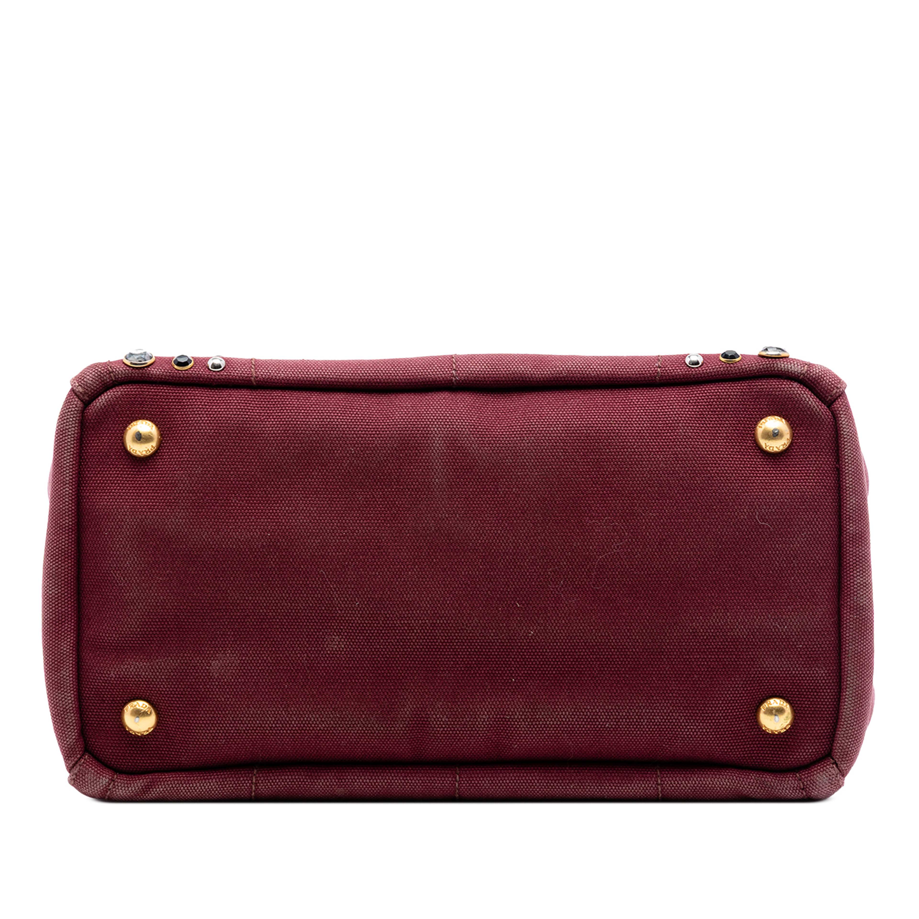 Prada Small Canvas Canapa Bijoux Satchel, från Luxclusif, i färgen burgundy. Klicka för att öppna bilden i stort format