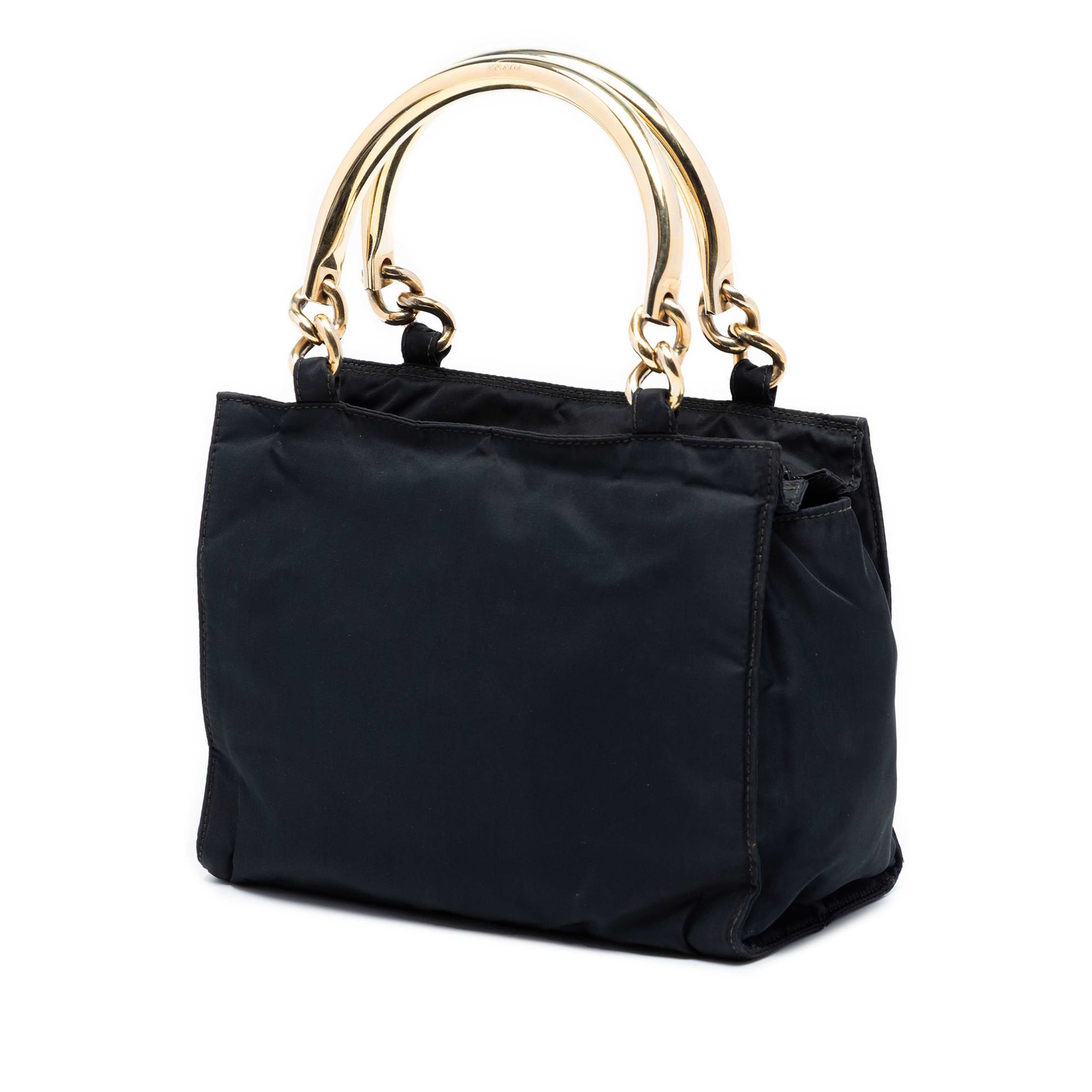 Prada Tessuto Metal Handle Bag, från Luxclusif, i färgen black. Klicka för att öppna bilden i stort format