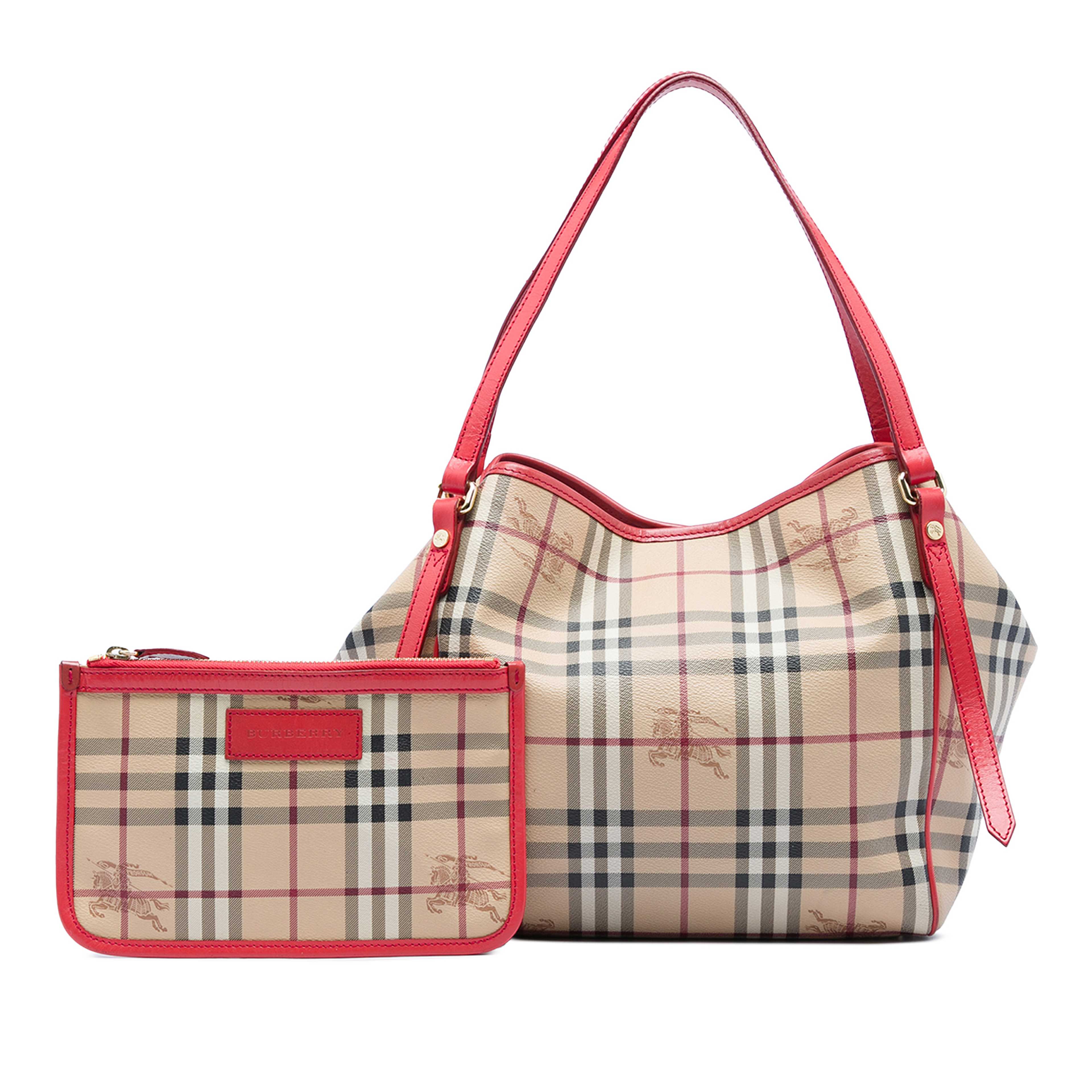 Burberry Small Haymarket Check Coated Canvas Canterbury Tote, från Luxclusif, i färgen röd. Klicka för att öppna bilden i stort format