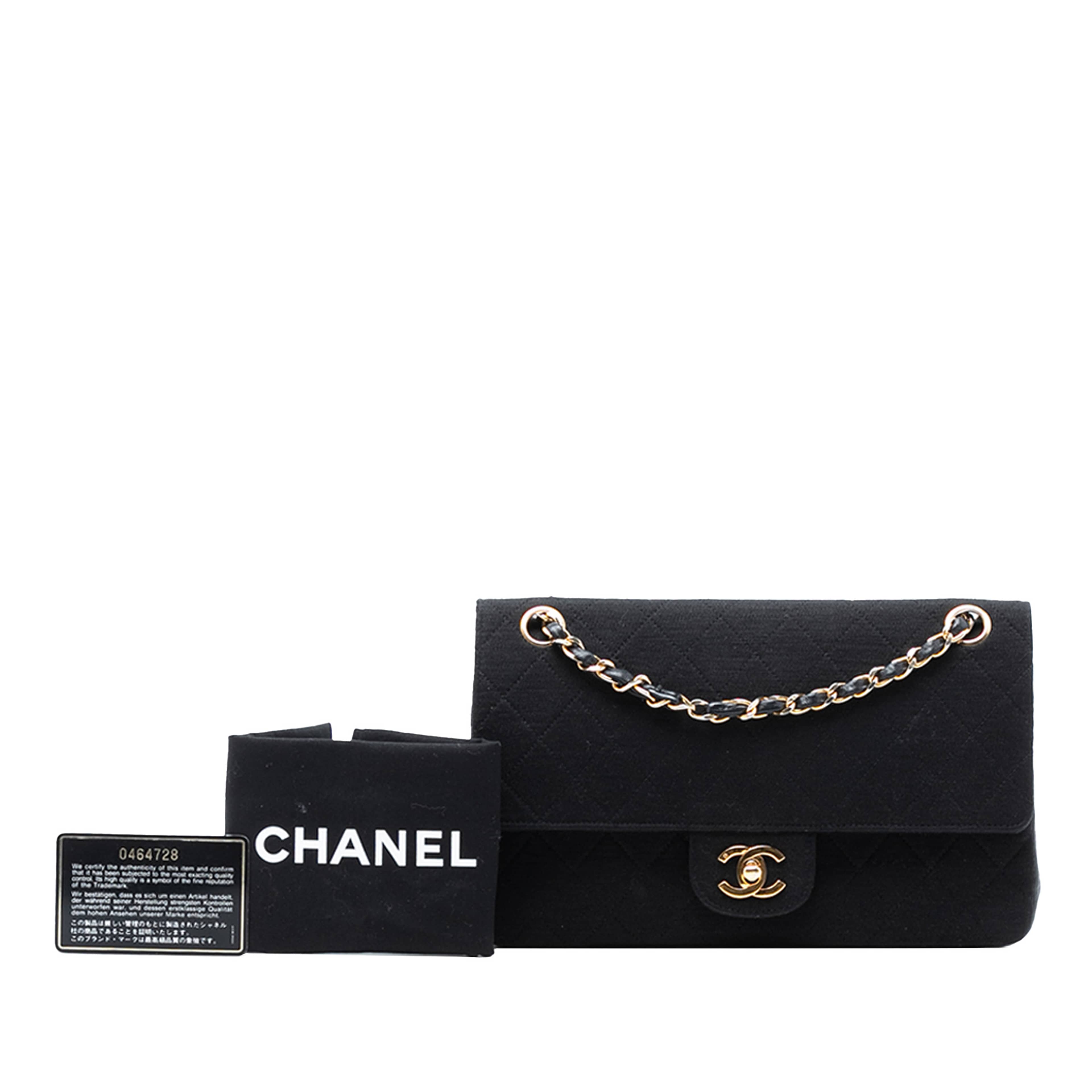 Chanel Medium Classic Jersey Double Flap, från Luxclusif, i färgen svart. Klicka för att öppna bilden i stort format