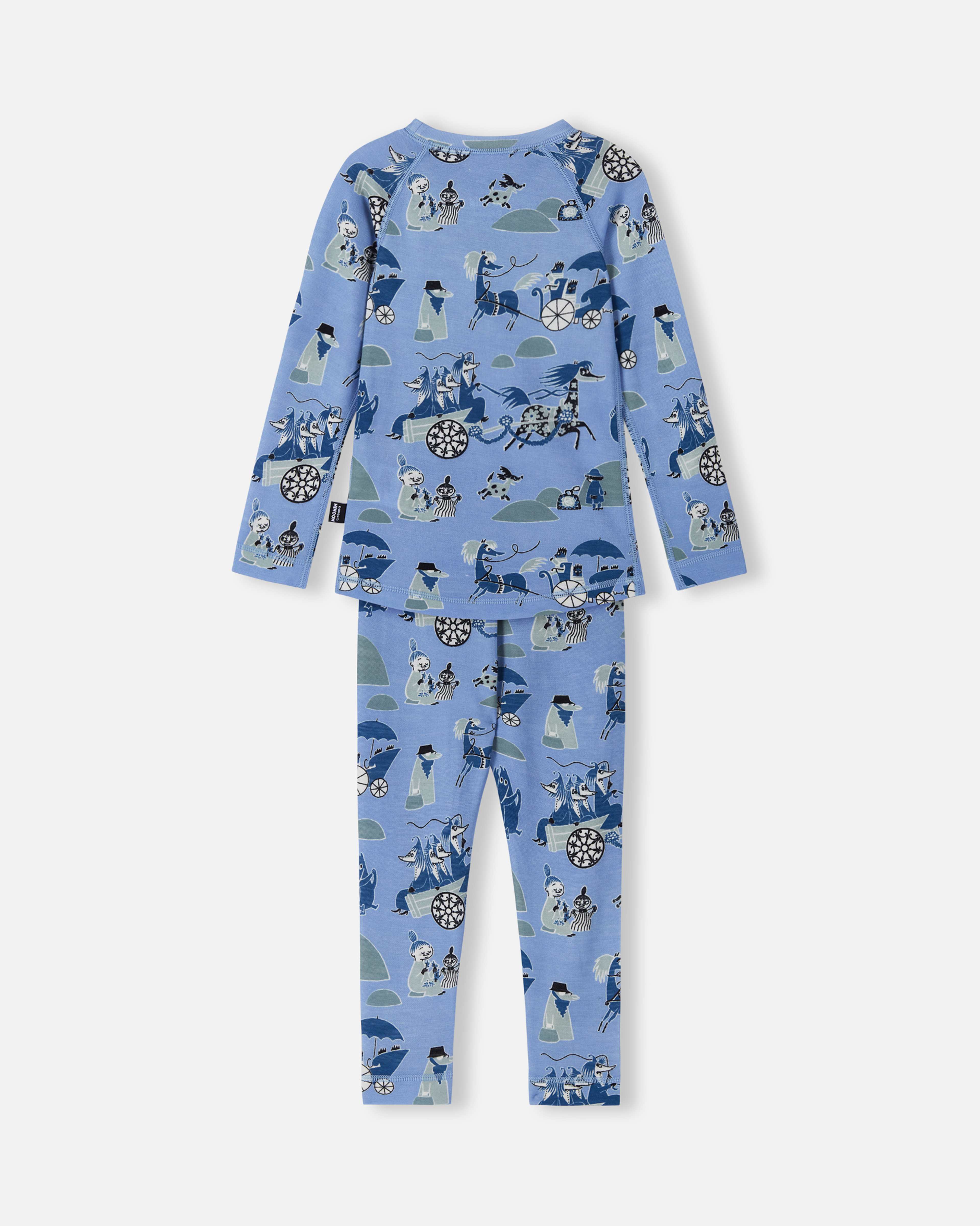 Ullunderkläder Moomin Trivsam, från Reima, i färgen airy blue. Klicka för att öppna bilden i stort format
