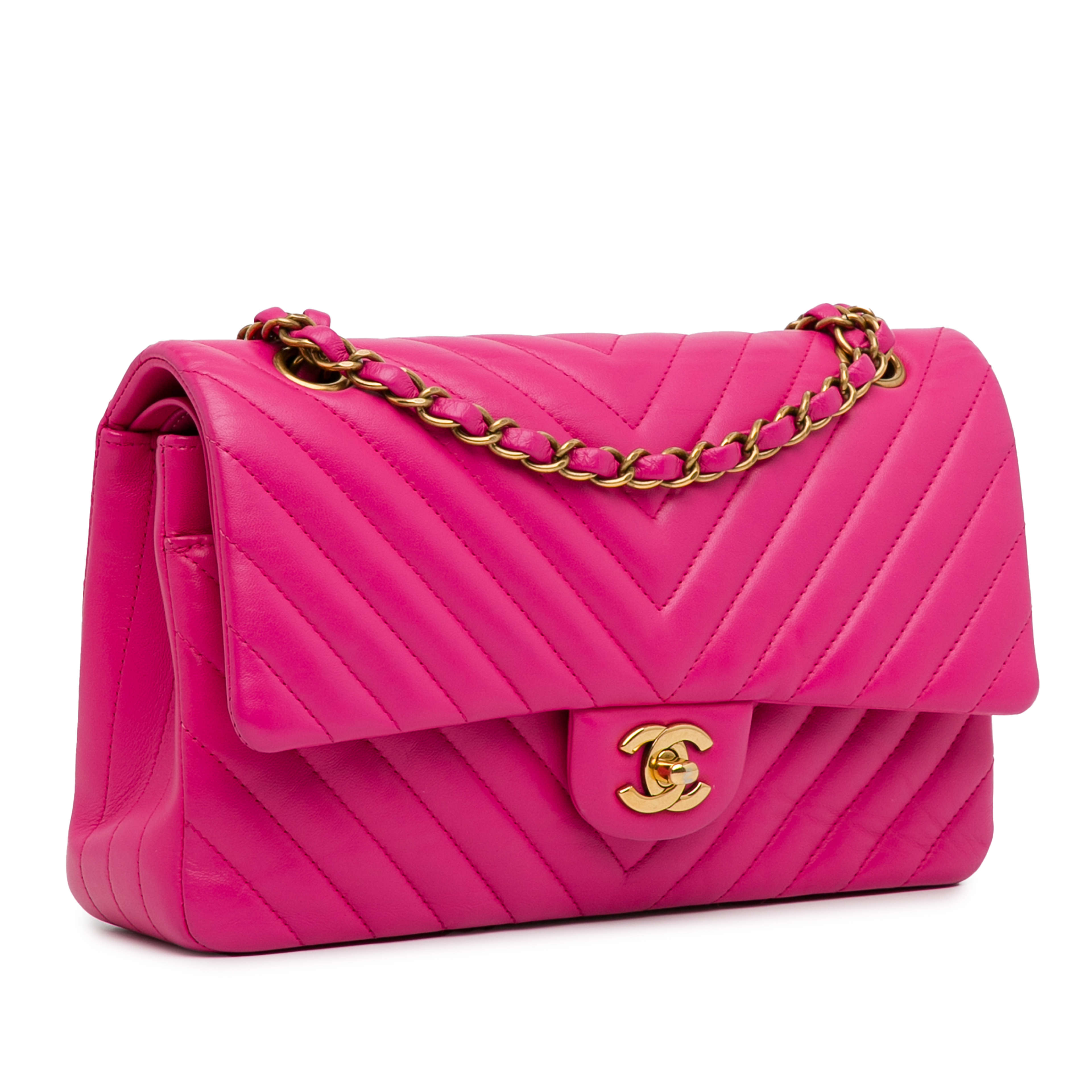 Chanel Medium Chevron Lambskin Double Flap, från Luxclusif, i färgen hot pink. Klicka för att öppna bilden i stort format