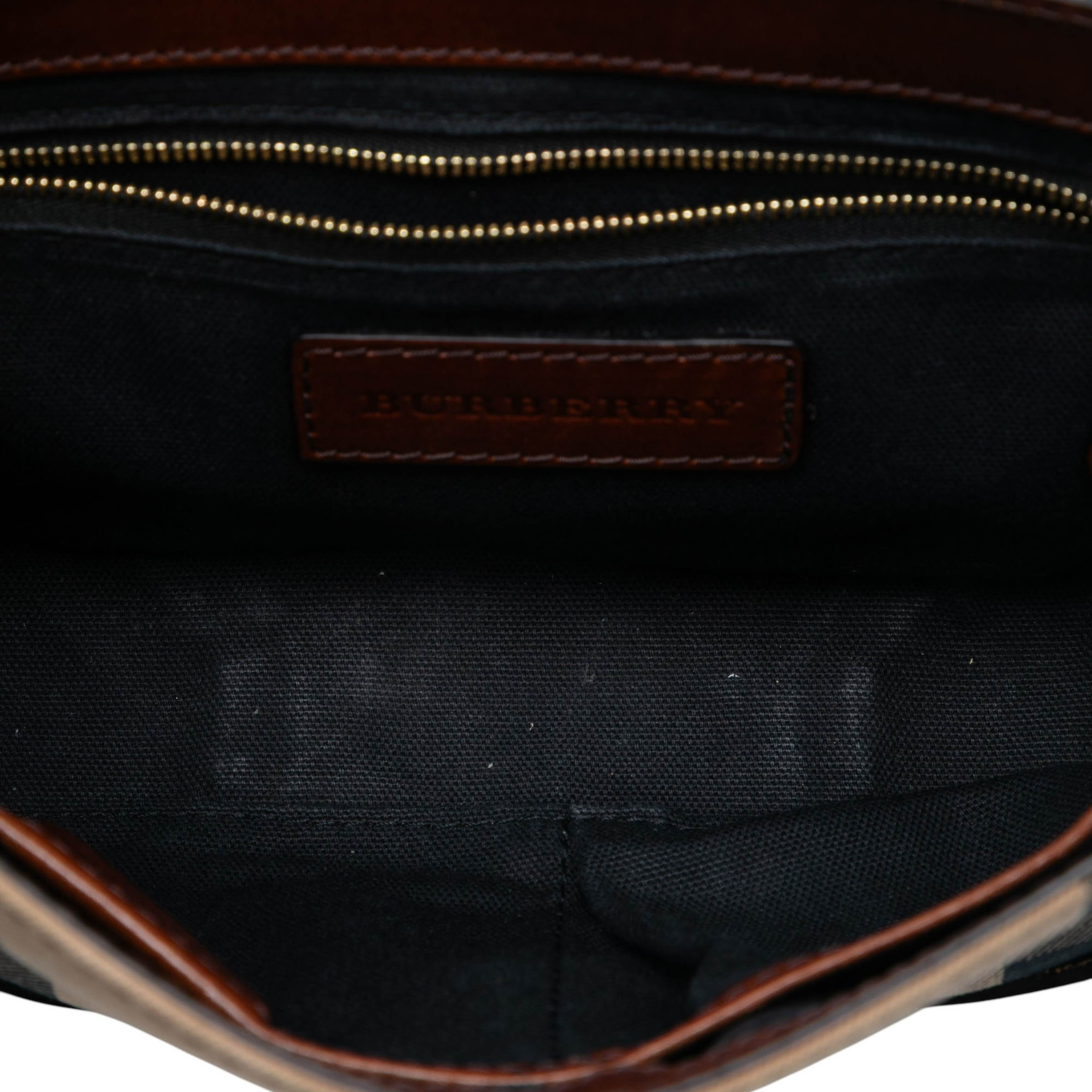 Burberry Leather And House Check Canvas Bridle Abbott Crossbody, från Luxclusif, i färgen brown. Klicka för att öppna bilden i stort format