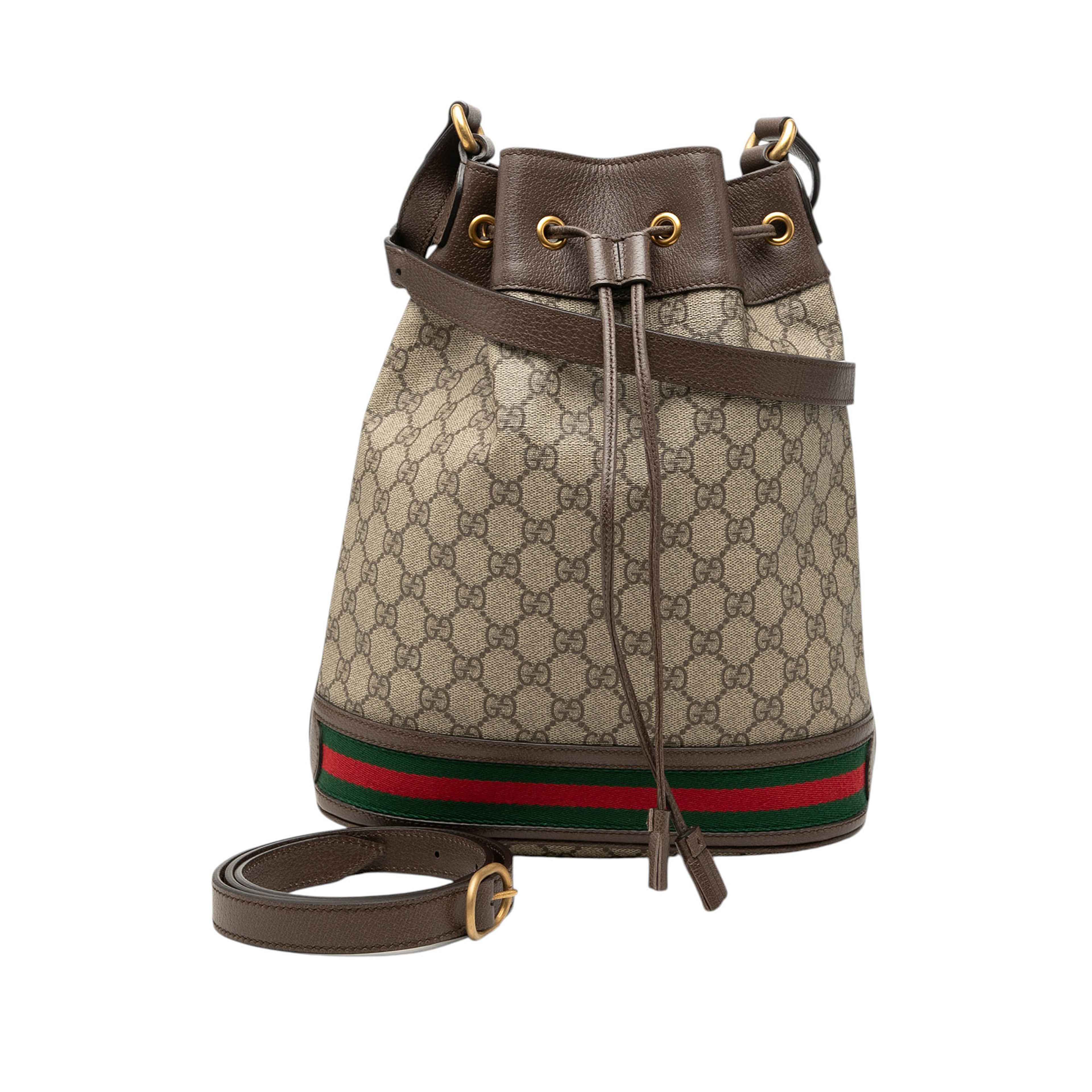 Gucci Gg Supreme Web Ophidia Bucket Bag, från Luxclusif, i färgen beige. Klicka för att öppna bilden i stort format