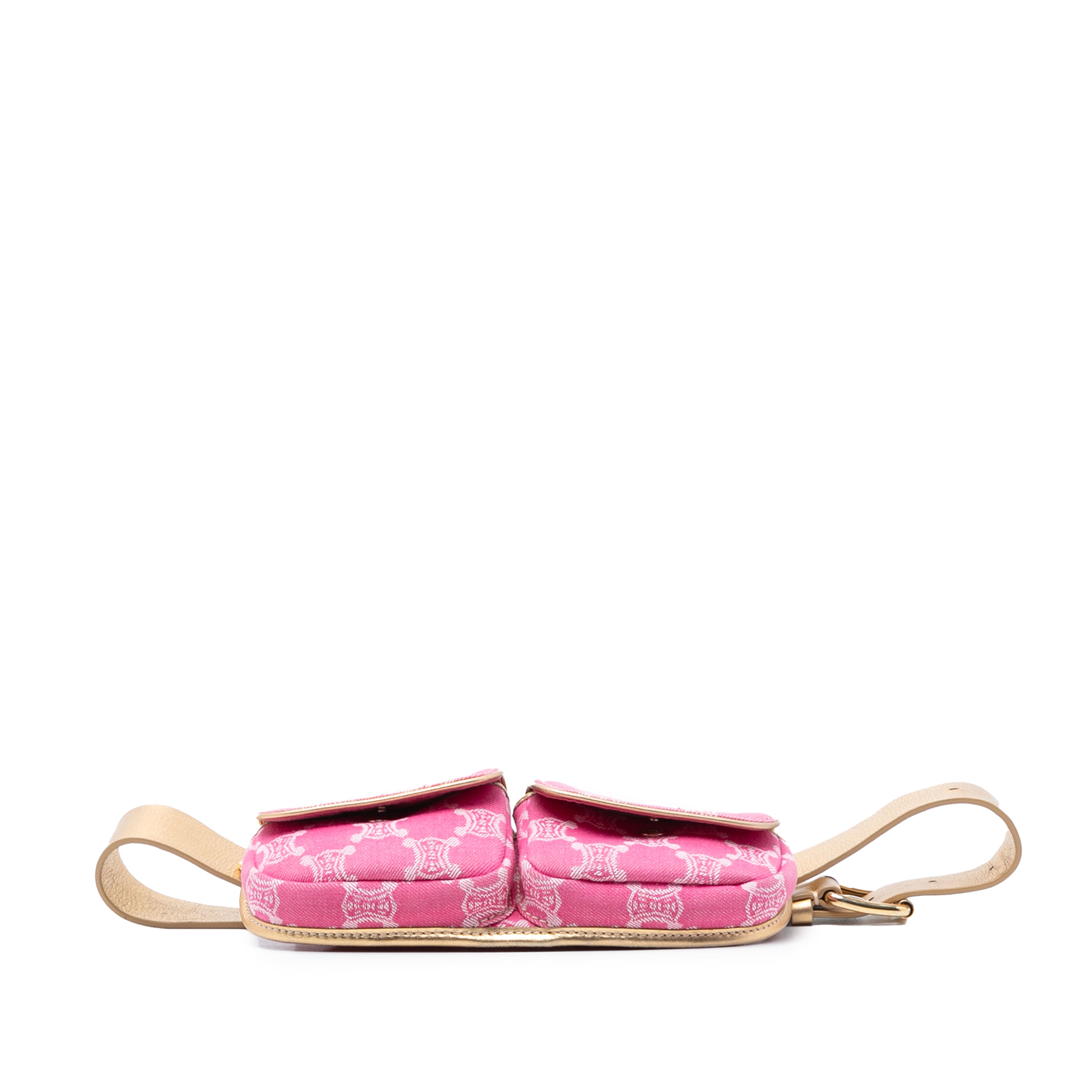 Celine Macadam Denim Double Pocket Belt Bag, från Luxclusif, i färgen pink. Klicka för att öppna bilden i stort format