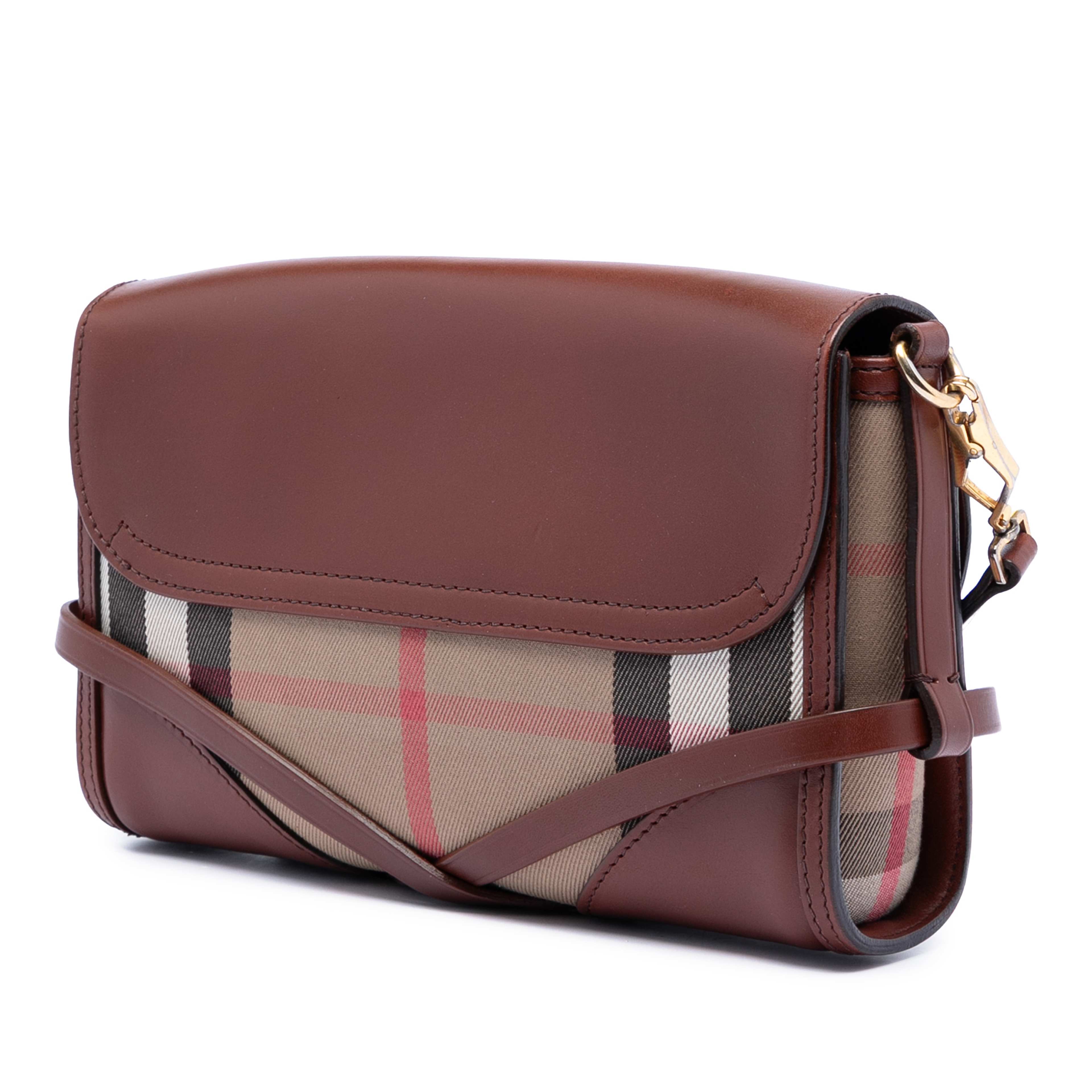 Burberry Leather And House Check Canvas Bridle Abbott Crossbody, från Luxclusif, i färgen brown. Klicka för att öppna bilden i stort format