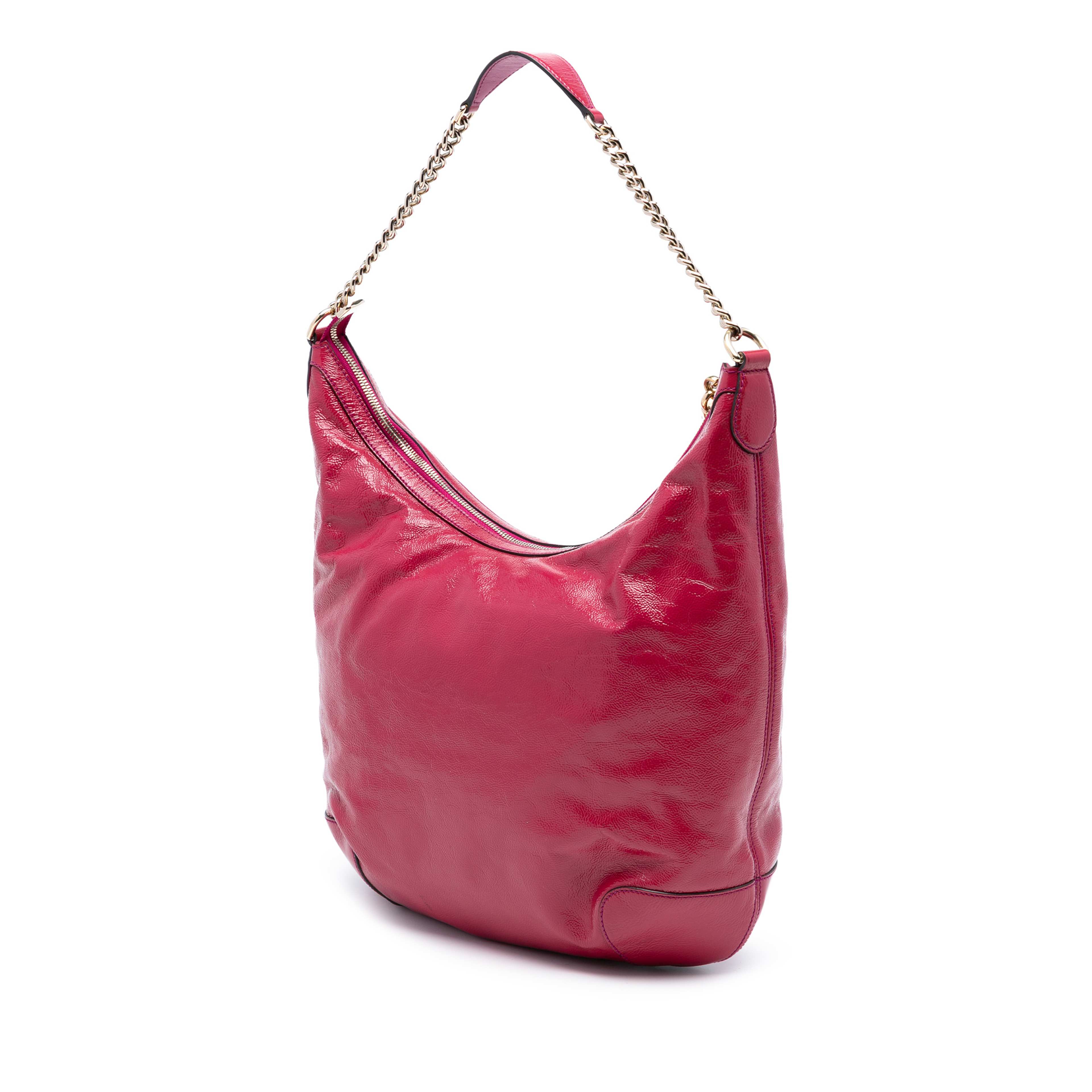Gucci Patent Soho Shoulder Bag, från Luxclusif, i färgen dark pink. Klicka för att öppna bilden i stort format
