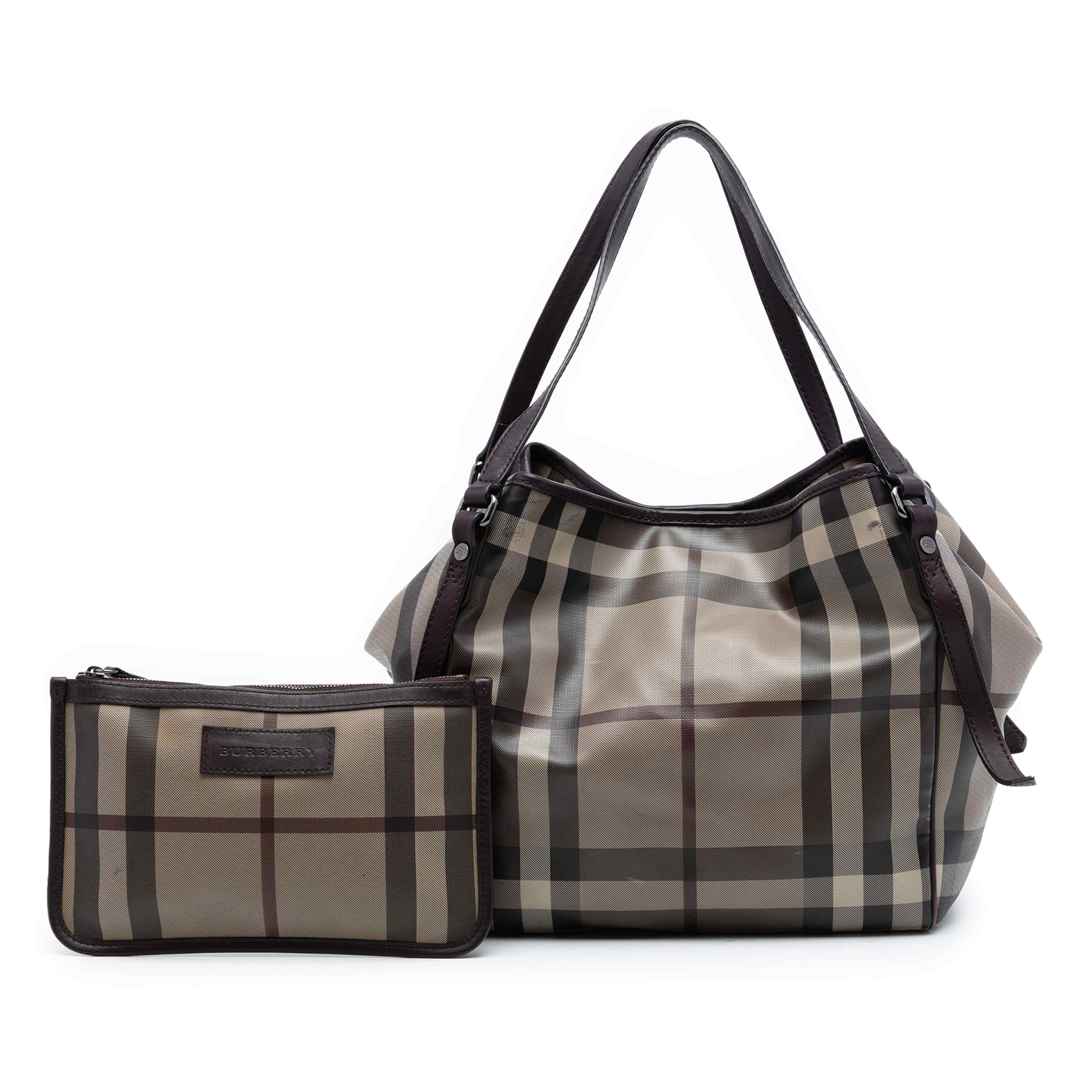 Burberry Small Smoke Check Coated Canvas Canterbury Tote, från Luxclusif, i färgen brun. Klicka för att öppna bilden i stort format