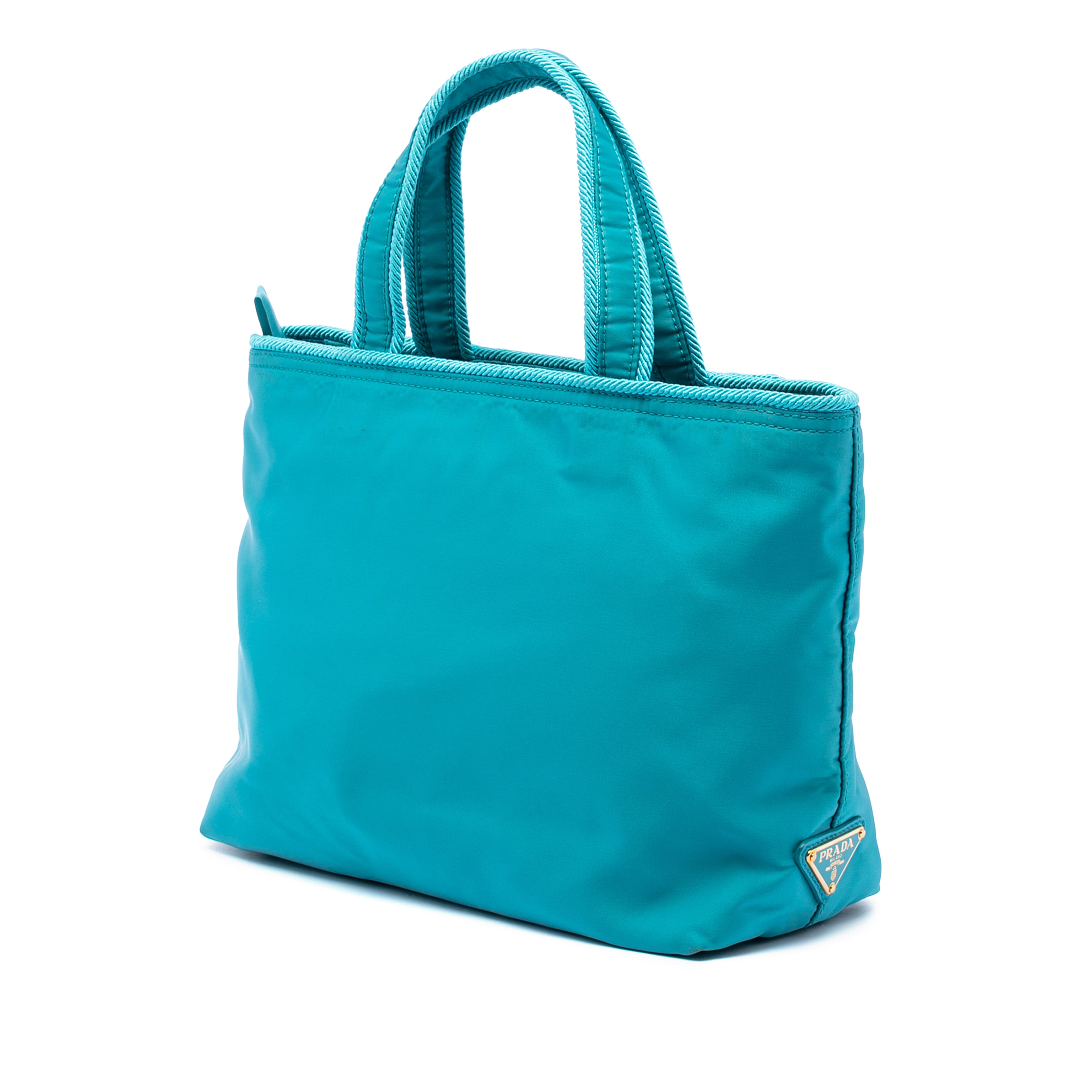 Prada Tessuto Canapa Logo Bow Satchel, från Luxclusif, i färgen turquoise. Klicka för att öppna bilden i stort format