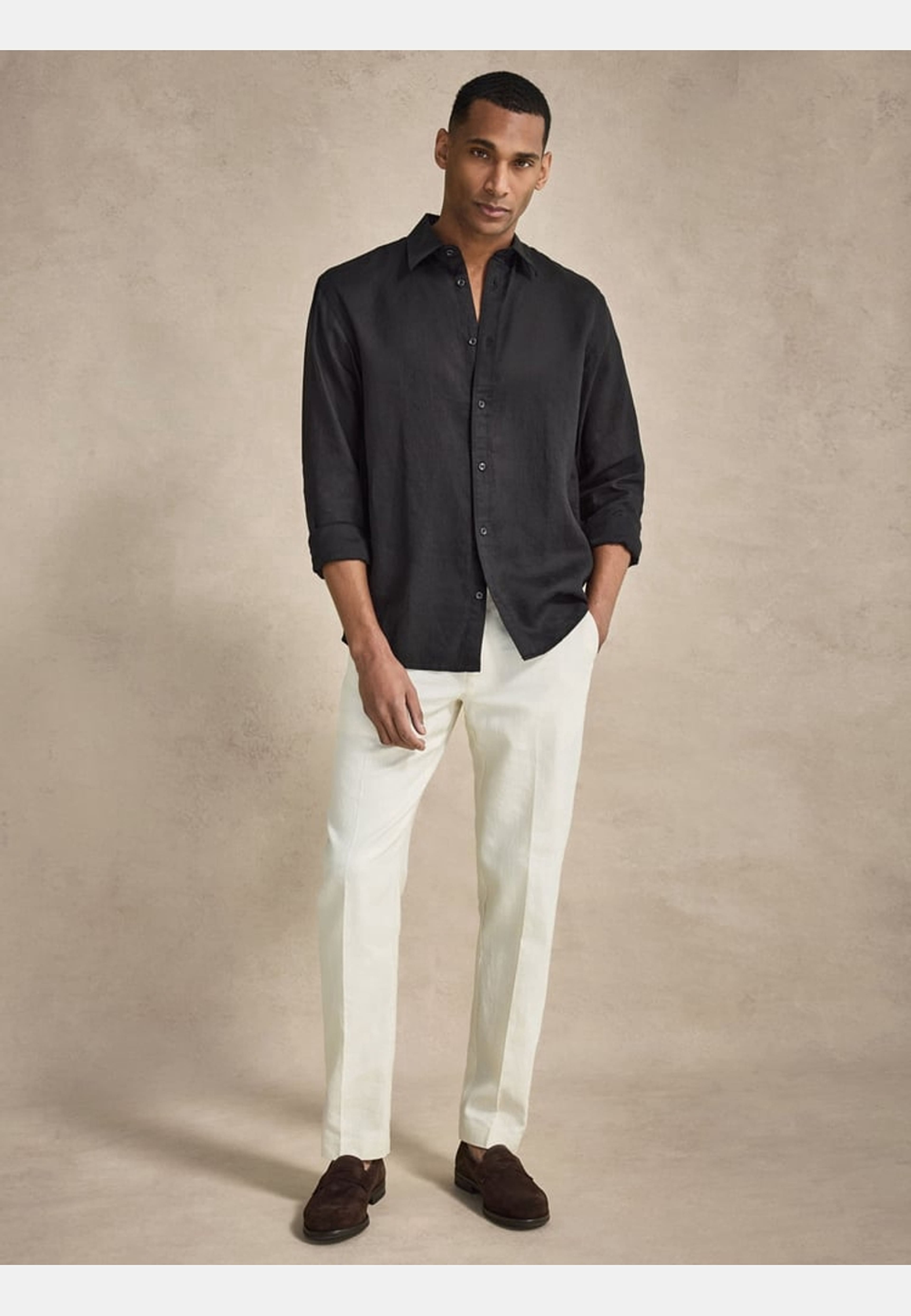 Casual Linen Shirt Solid Pointed Collar, från John Henric, i färgen black. Klicka för att öppna bilden i stort format