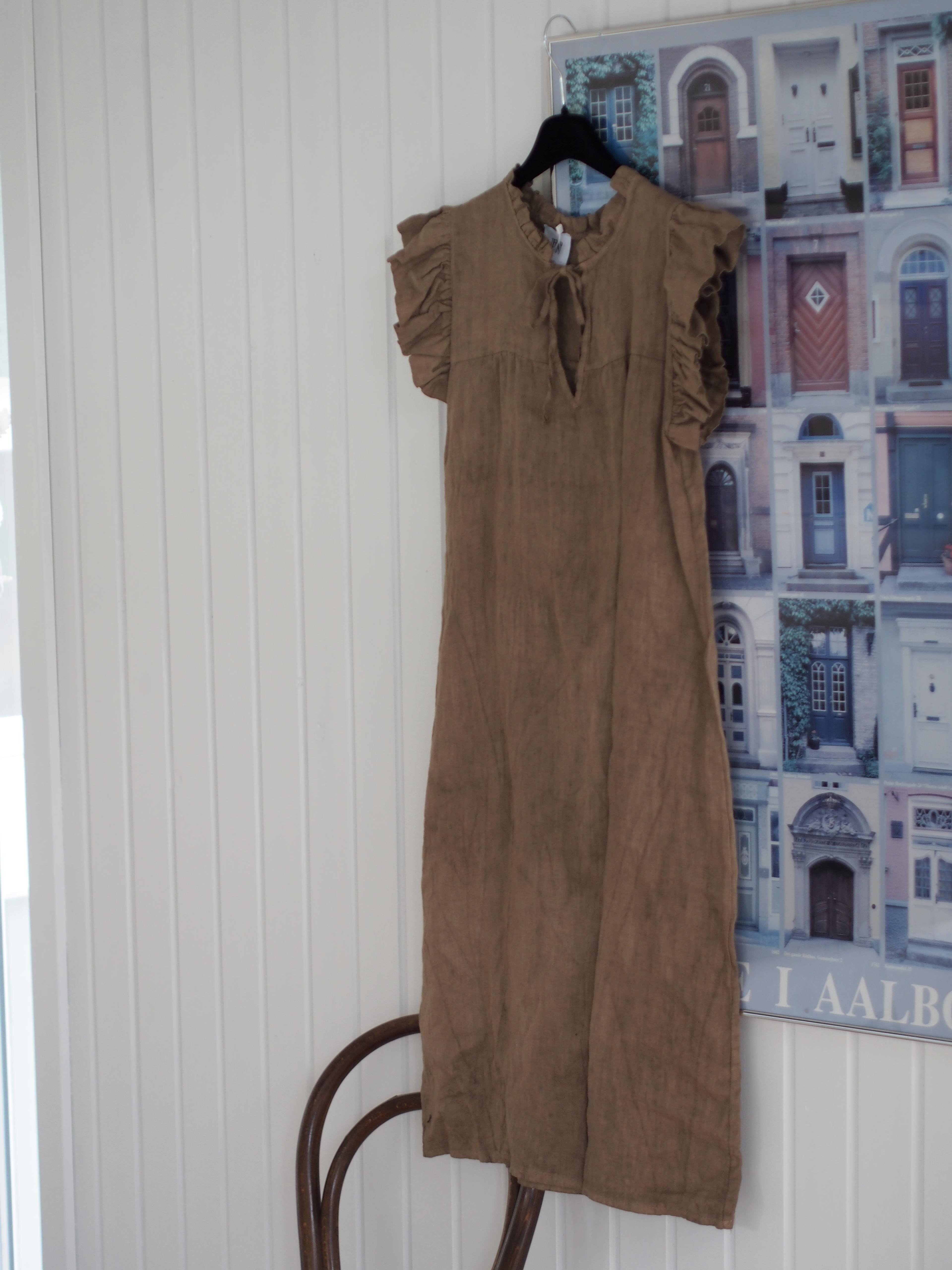 Etta, Frill Dress, Linen - Light Brown