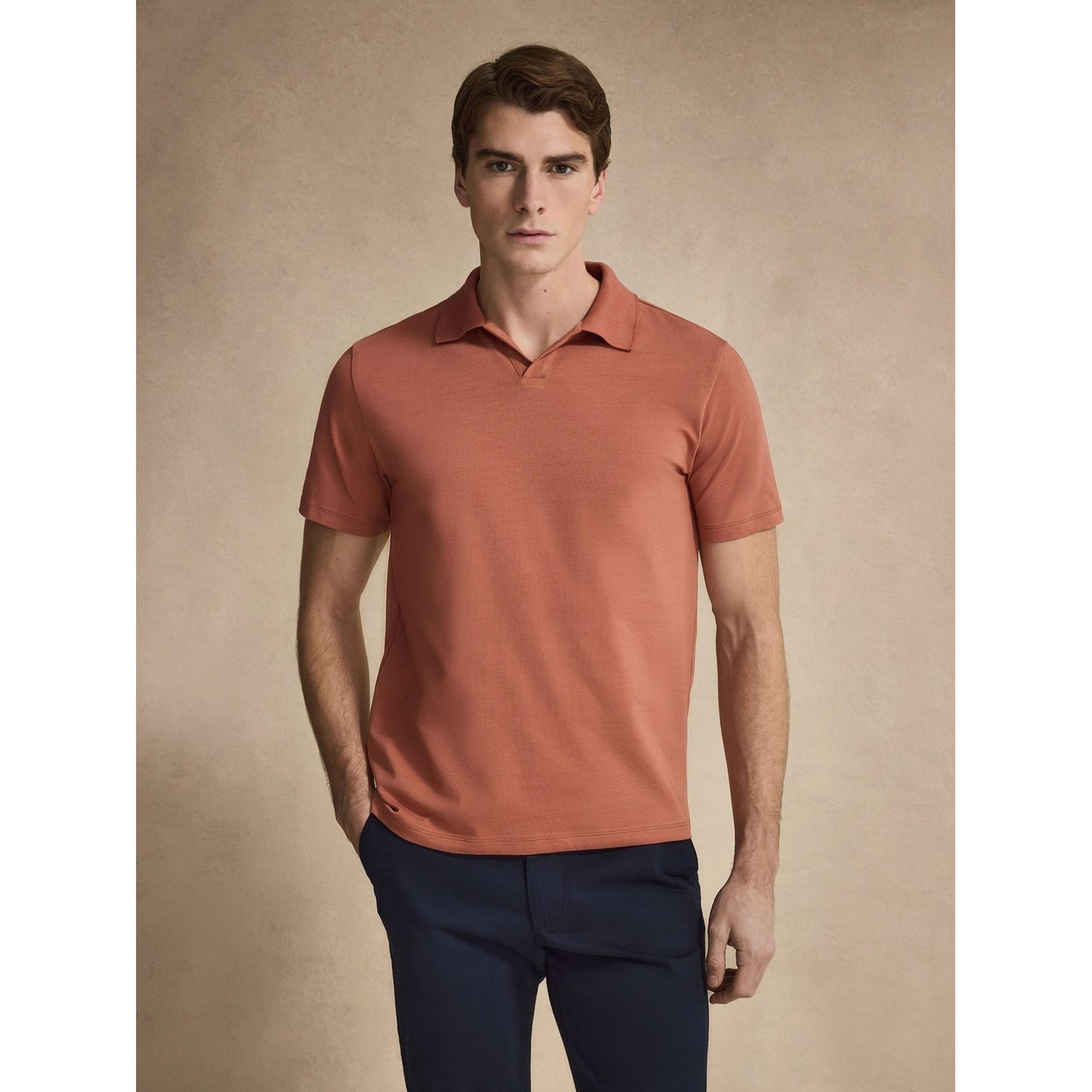 Cotton Fitted Stretch S/s Open Collar Polo Shirt