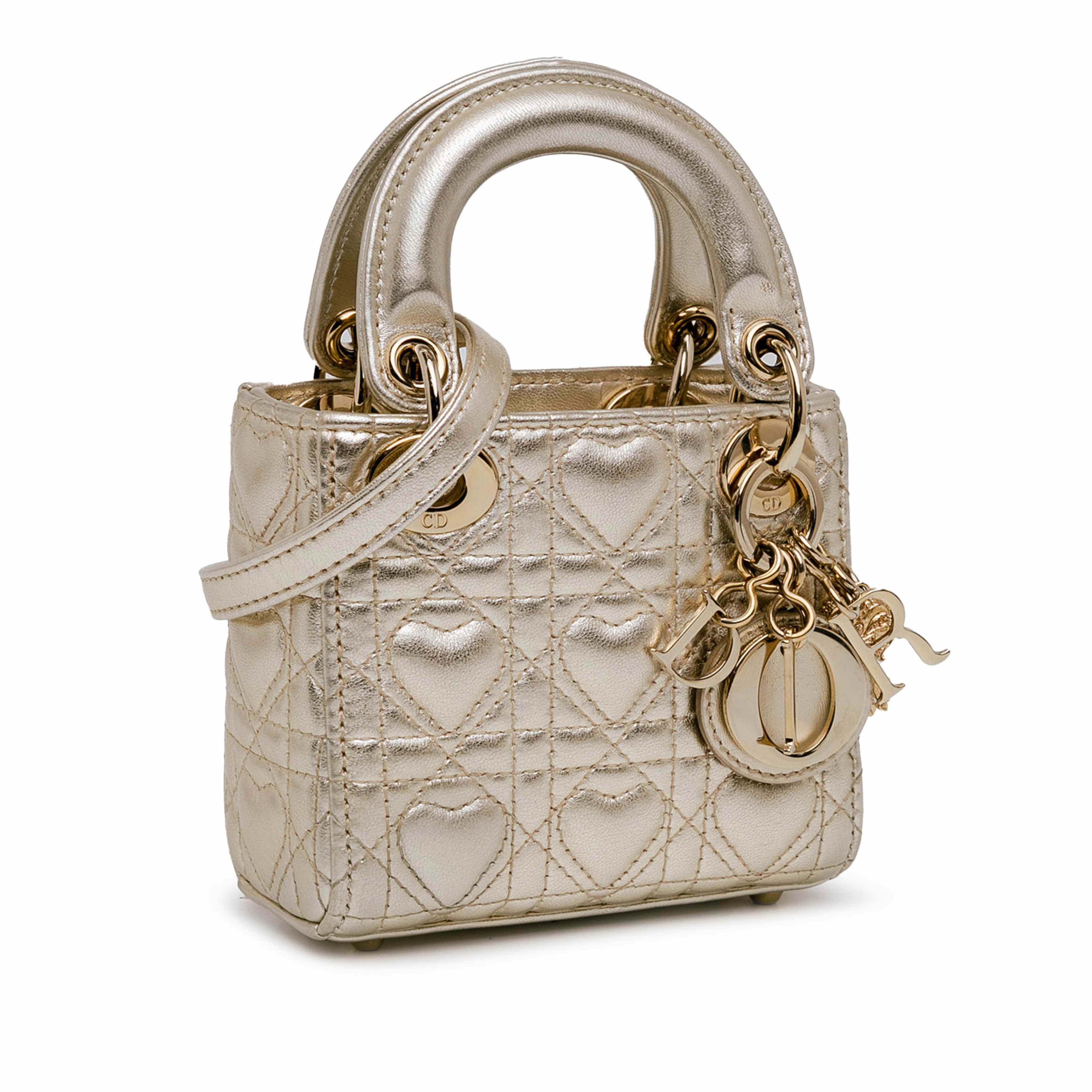 Dior Dioramour Mini Metallic Calfskin Cannage Lady Dior, från Luxclusif, i färgen gold. Klicka för att öppna bilden i stort format