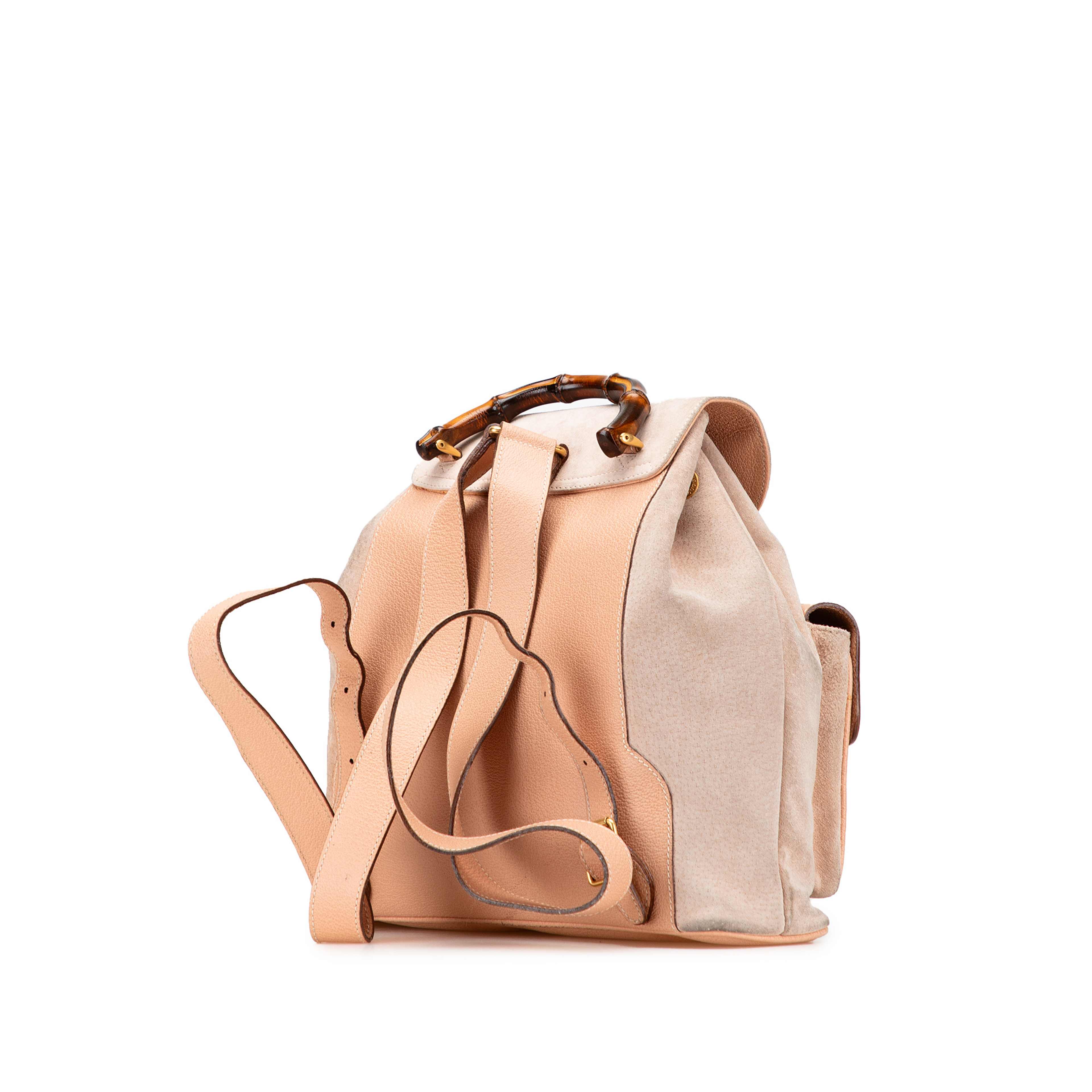 Gucci Suede Bamboo Backpack, från Luxclusif, i färgen beige. Klicka för att öppna bilden i stort format