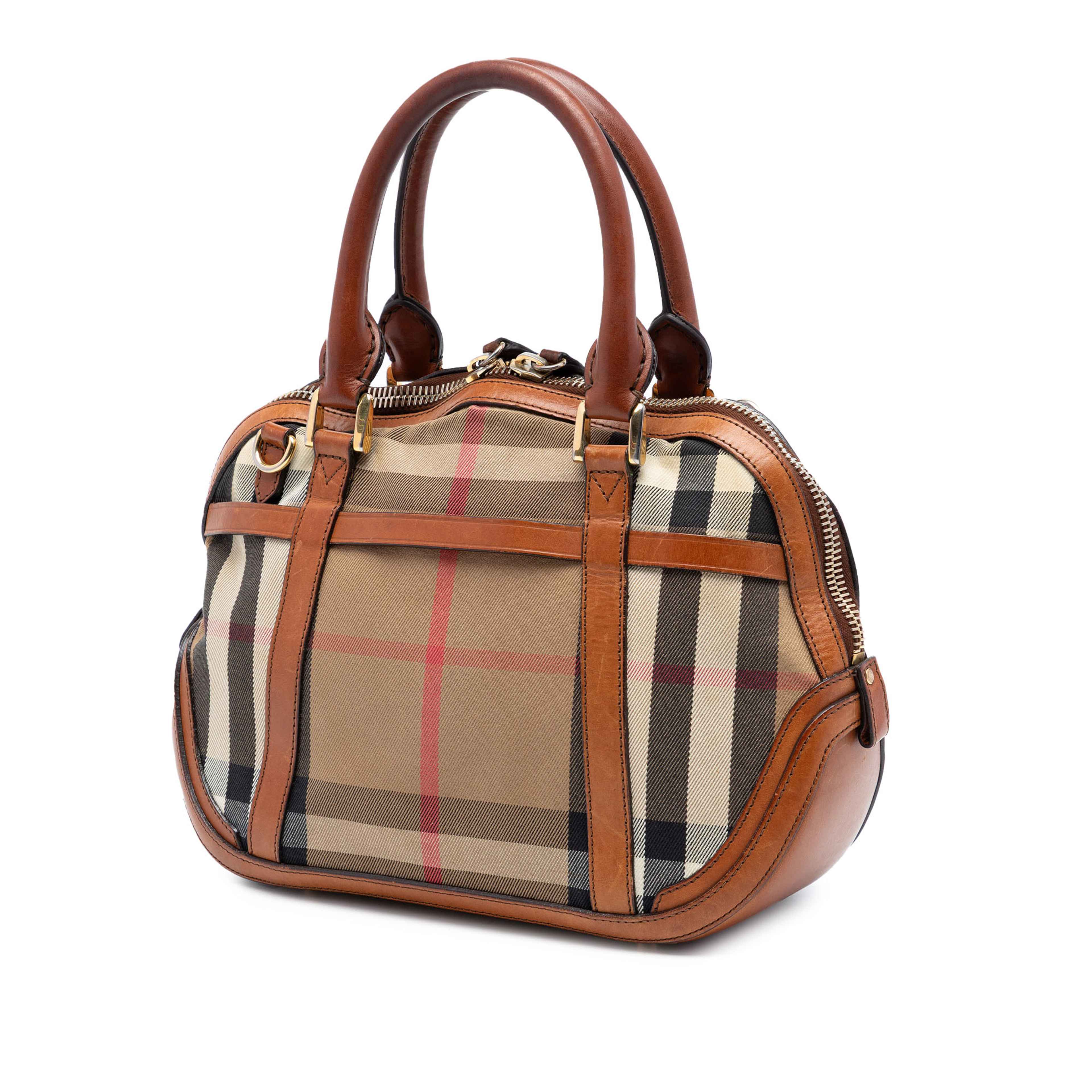 Burberry Small Leather Trimmed House Check Canvas Bridle Orchard Satchel, från Luxclusif, i färgen light brown. Klicka för att öppna bilden i stort format