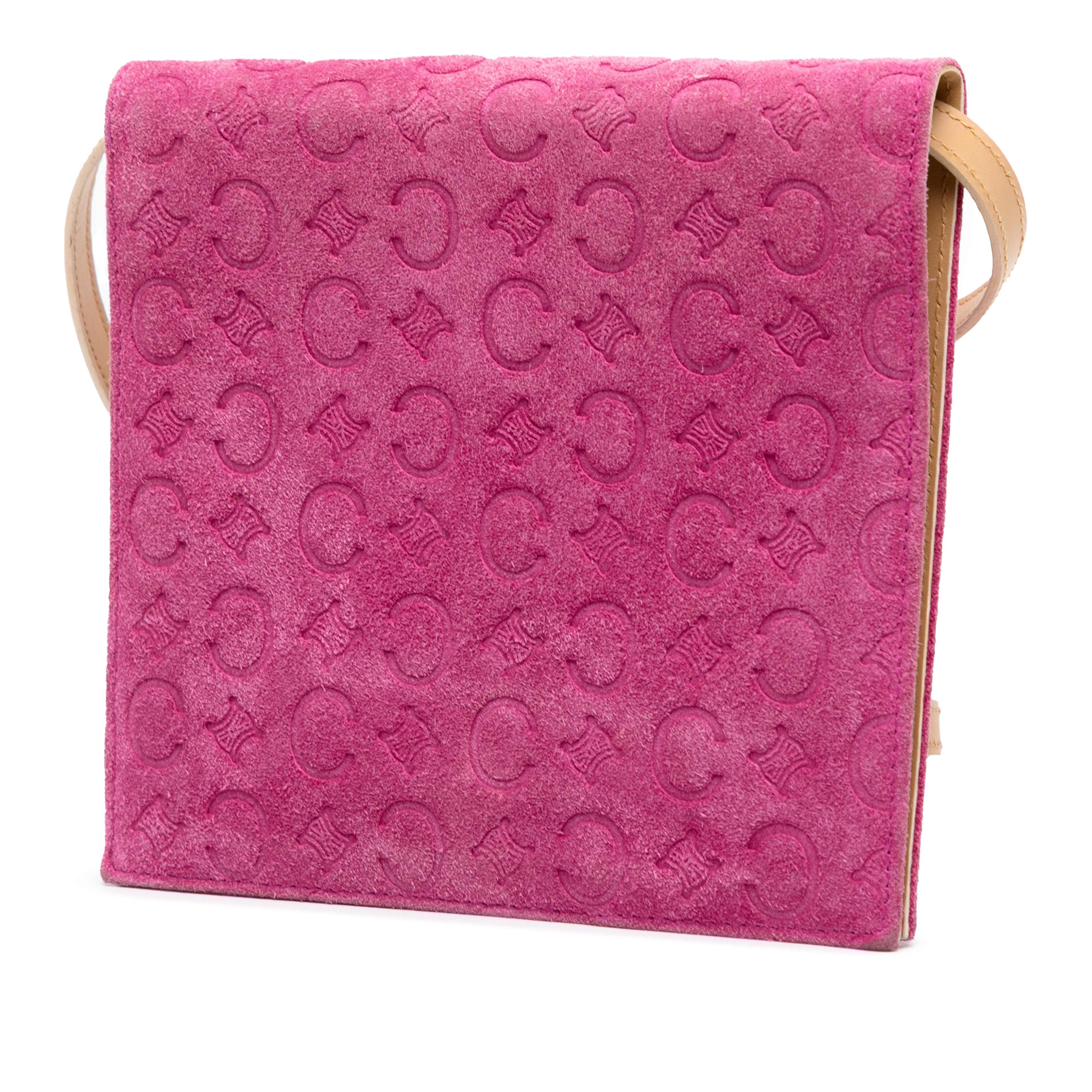 Celine C Macadam Suede Crossbody, från Luxclusif, i färgen dark pink. Klicka för att öppna bilden i stort format