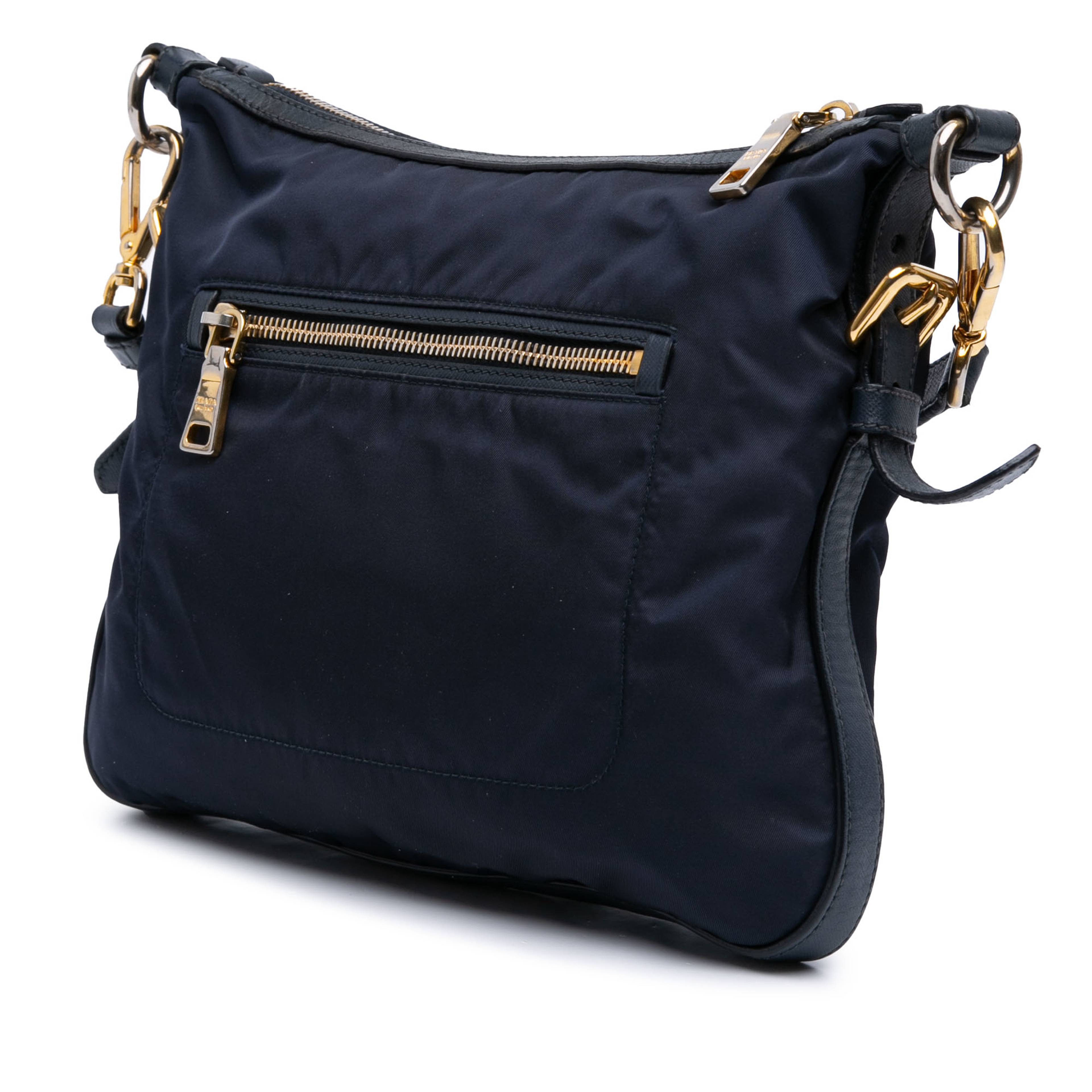 Prada Saffiano Trimmed Tessuto Zip Top Crossbody, från Luxclusif, i färgen navy. Klicka för att öppna bilden i stort format