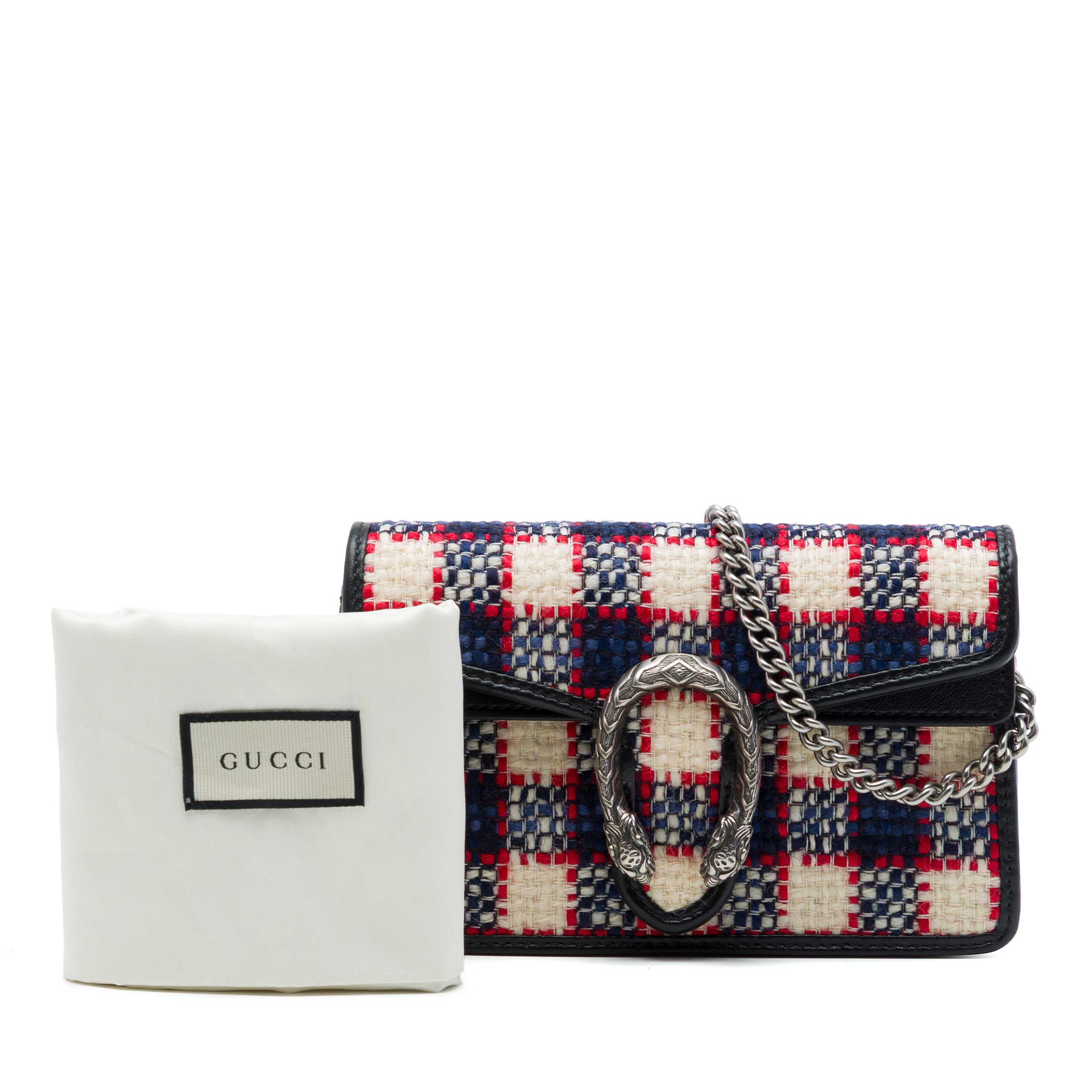 Gucci Mini Checkered Tweed Dionysus Crossbody, från Luxclusif, i färgen svart. Klicka för att öppna bilden i stort format