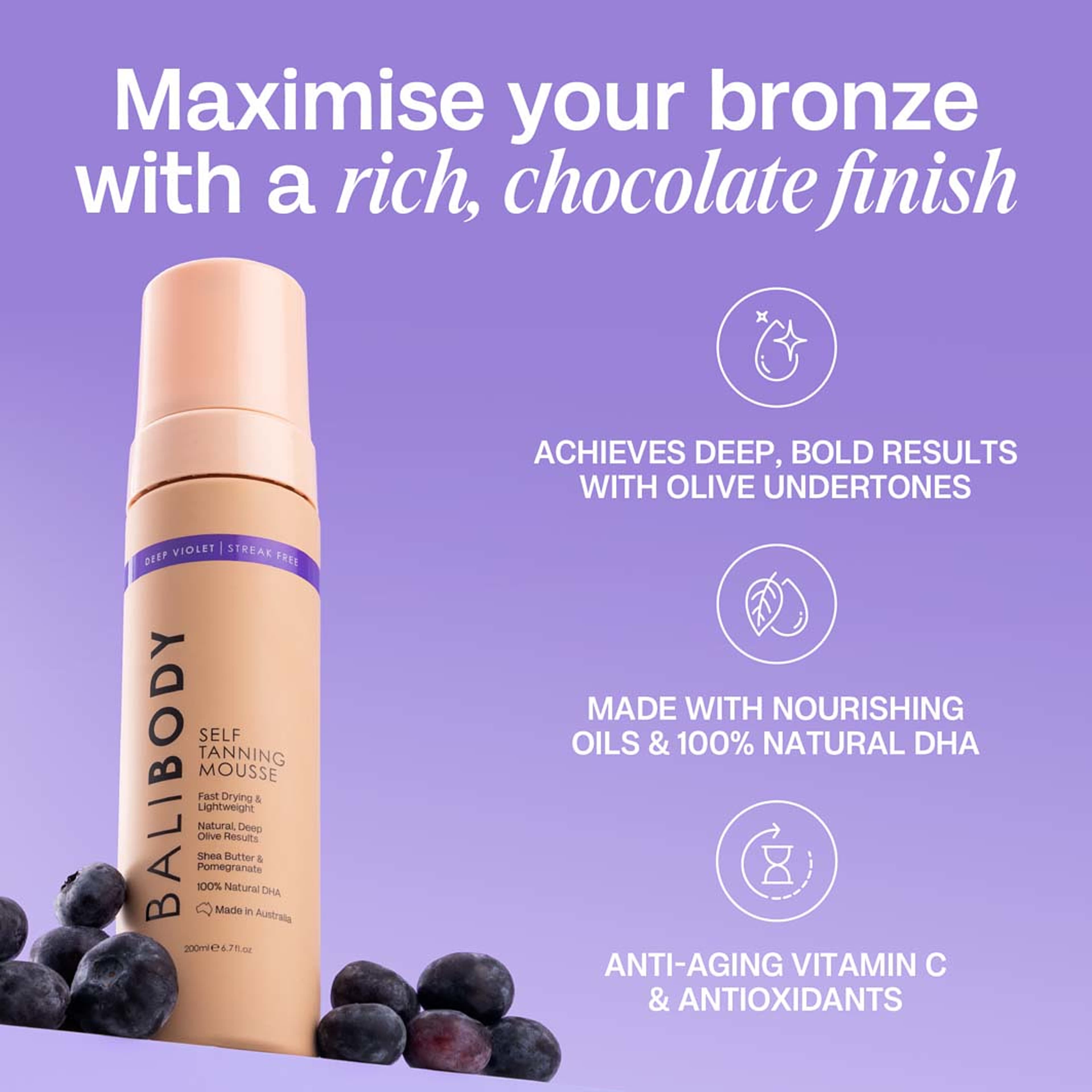 Deep Violet Self Tanning Mousse, från BALI BODY. Klicka för att öppna bilden i stort format