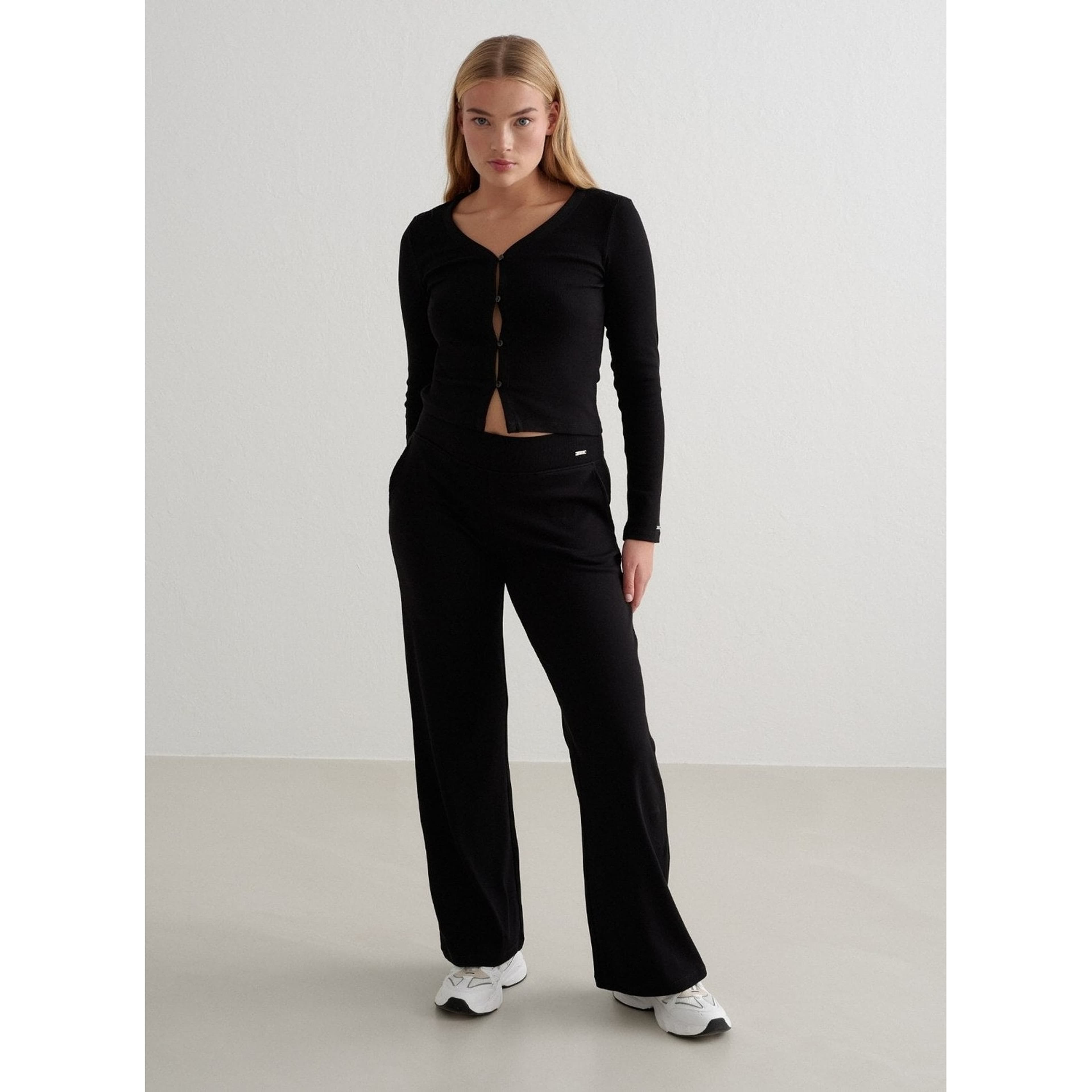 Black Ease Ribbed Wide Pants