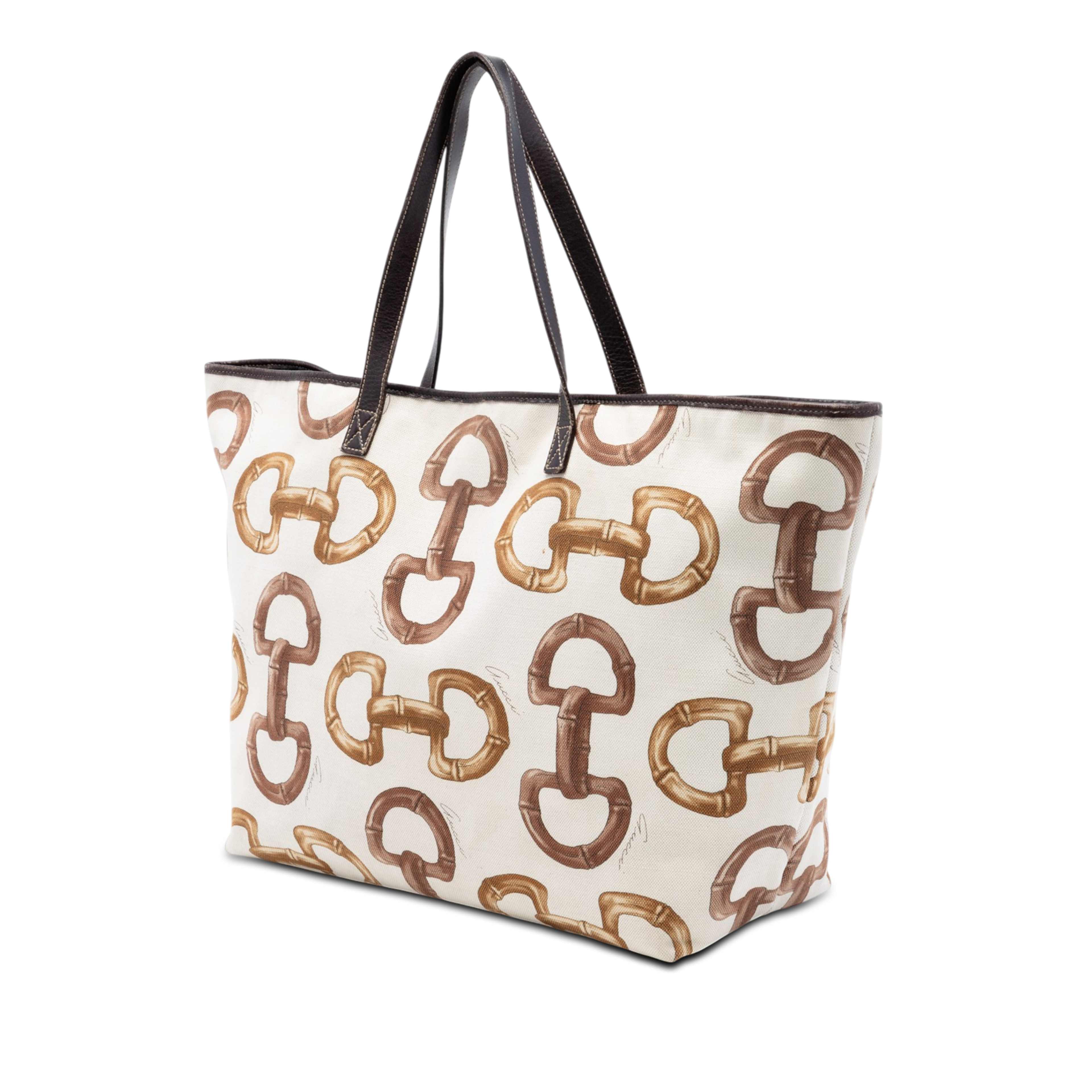 Gucci Printed Canvas Bamboo Horsebit Tote, från Luxclusif, i färgen brun. Klicka för att öppna bilden i stort format