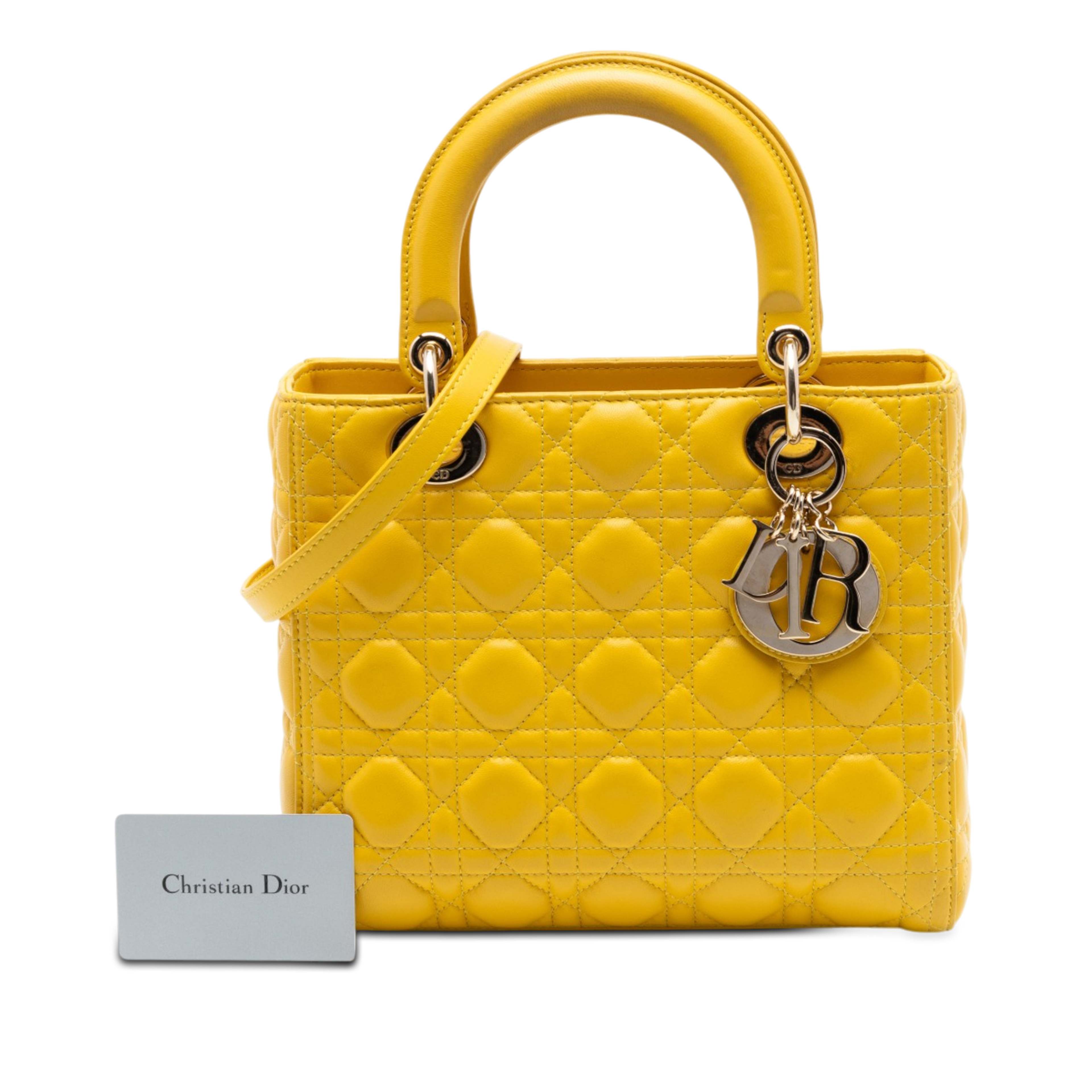 Dior Medium Lambskin Cannage Lady Dior, från Luxclusif, i färgen gul. Klicka för att öppna bilden i stort format