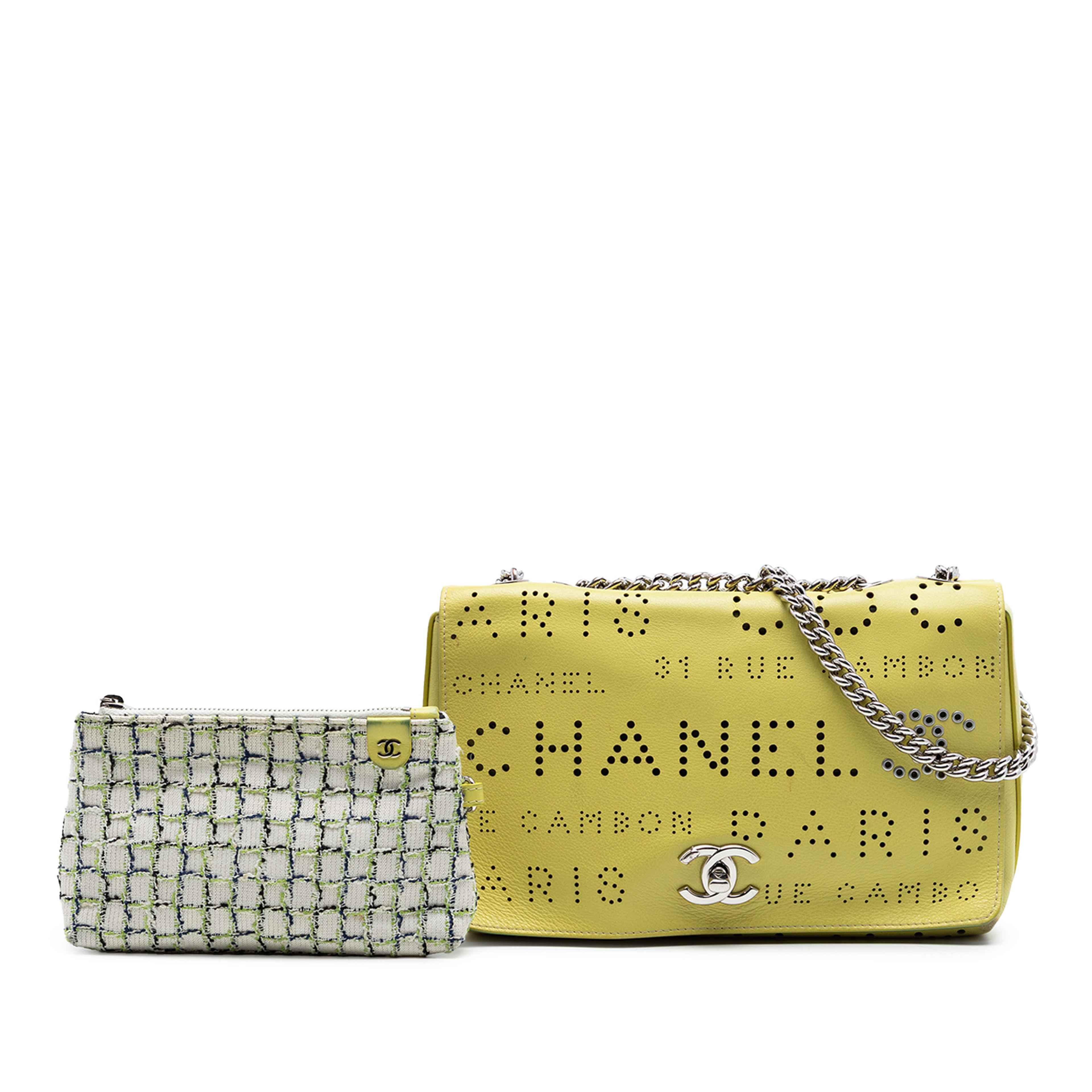 Chanel Perforated Calfskin Logo Eyelet Flap, från Luxclusif, i färgen gul. Klicka för att öppna bilden i stort format