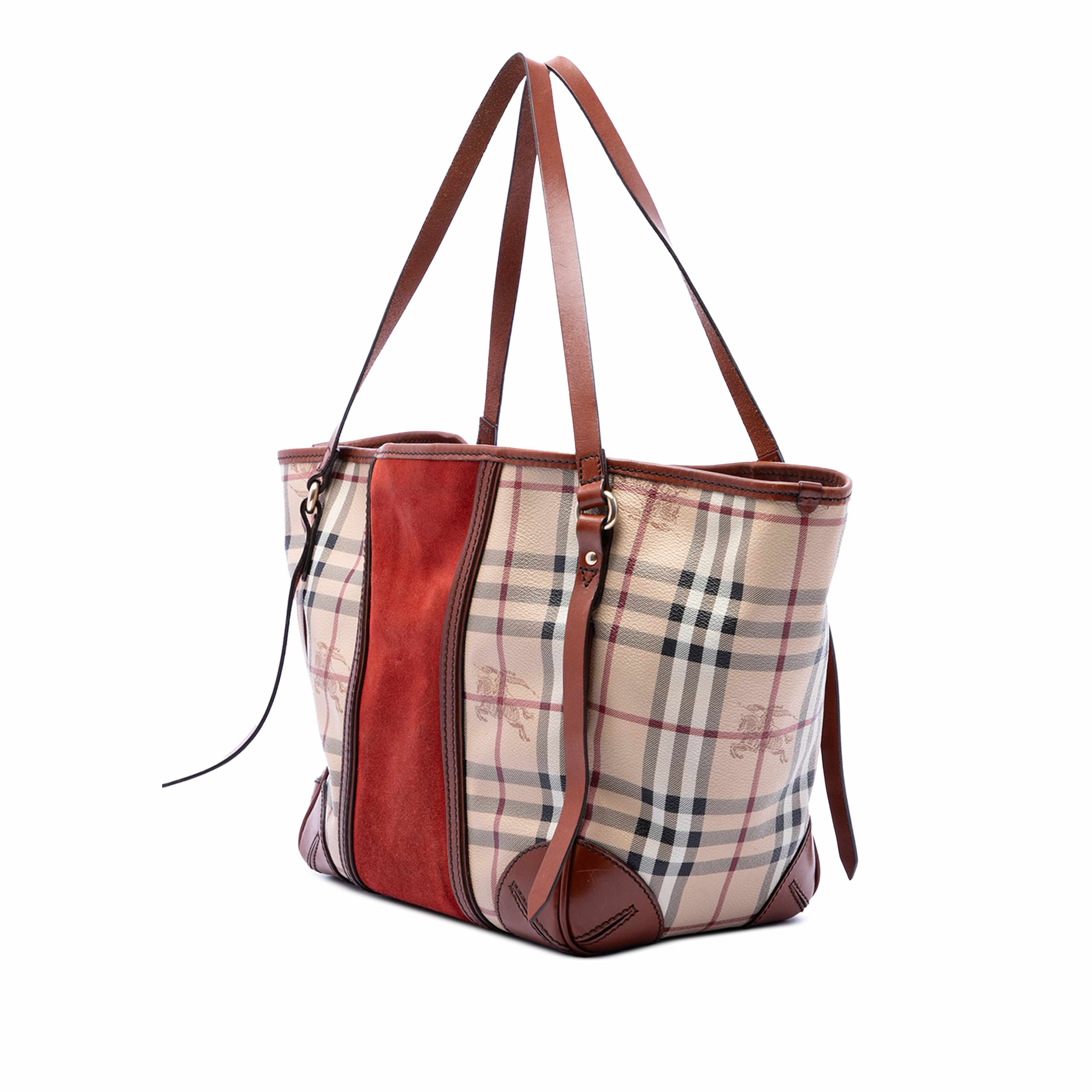 Burberry Small Haymarket Check Coated Canvas Suede Panel Canterbury Tote, från Luxclusif, i färgen beige. Klicka för att öppna bilden i stort format