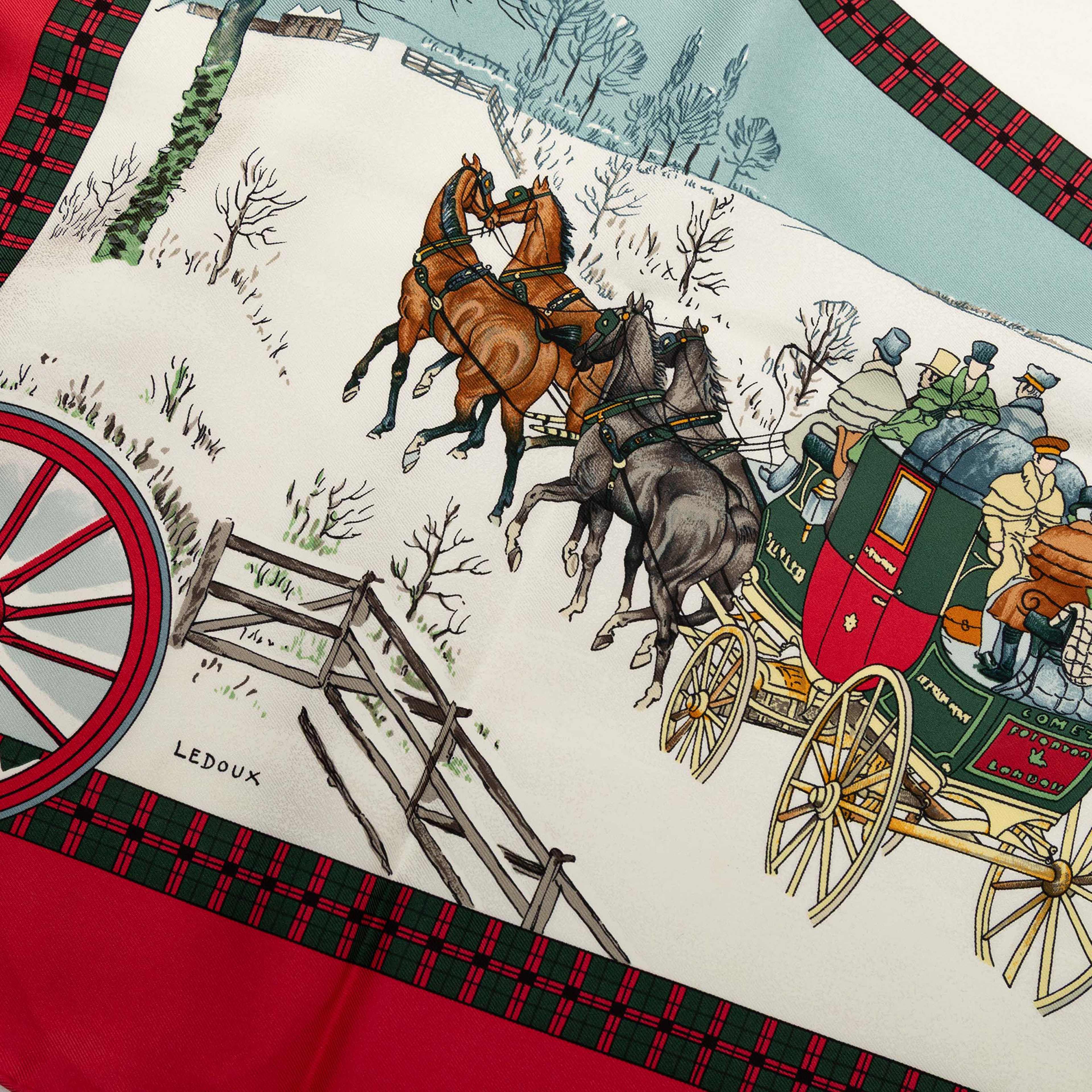 Hermès L Hiver En Poste Silk Scarf 90, från Luxclusif, i färgen red. Klicka för att öppna bilden i stort format