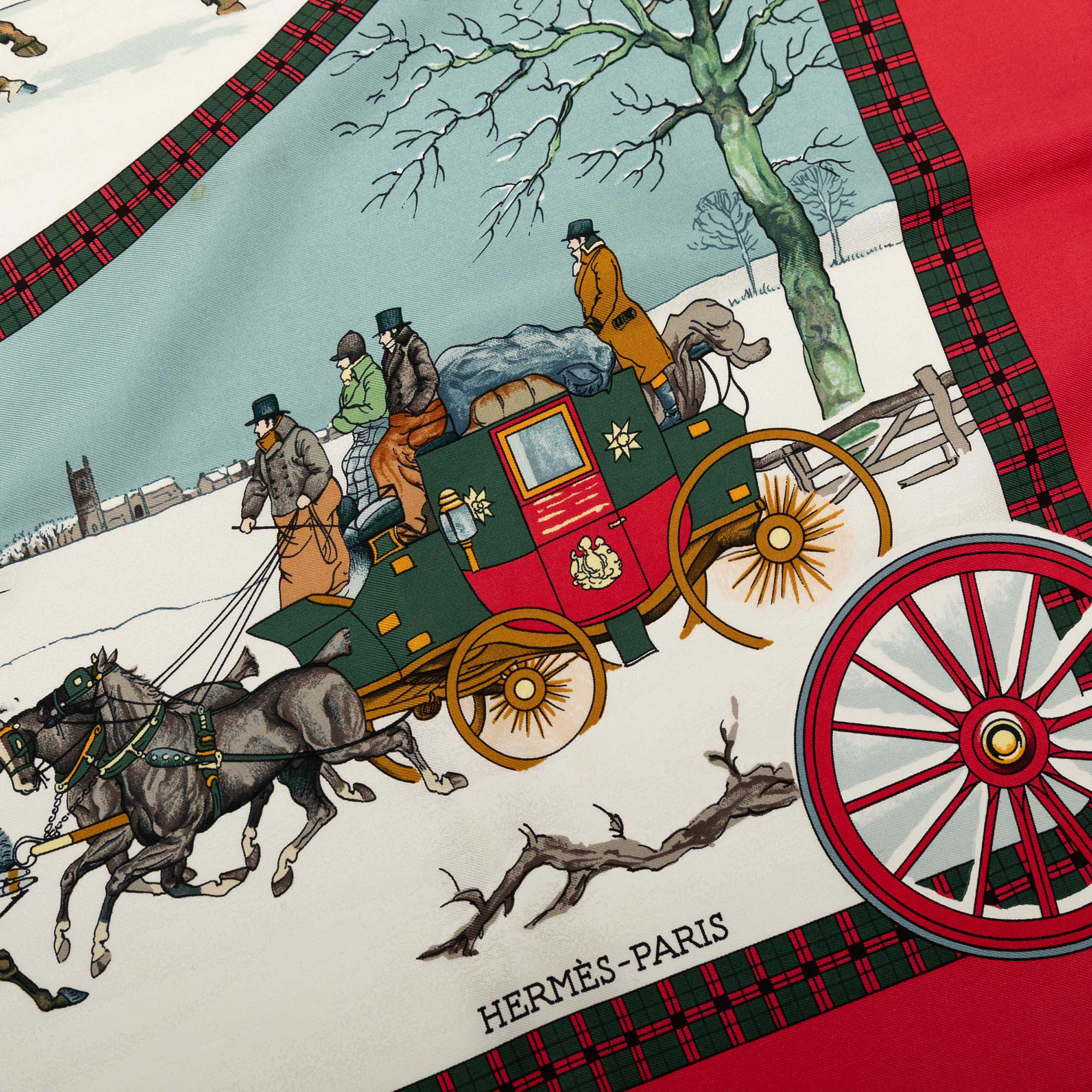 Hermès L Hiver En Poste Silk Scarf 90, från Luxclusif, i färgen red. Klicka för att öppna bilden i stort format