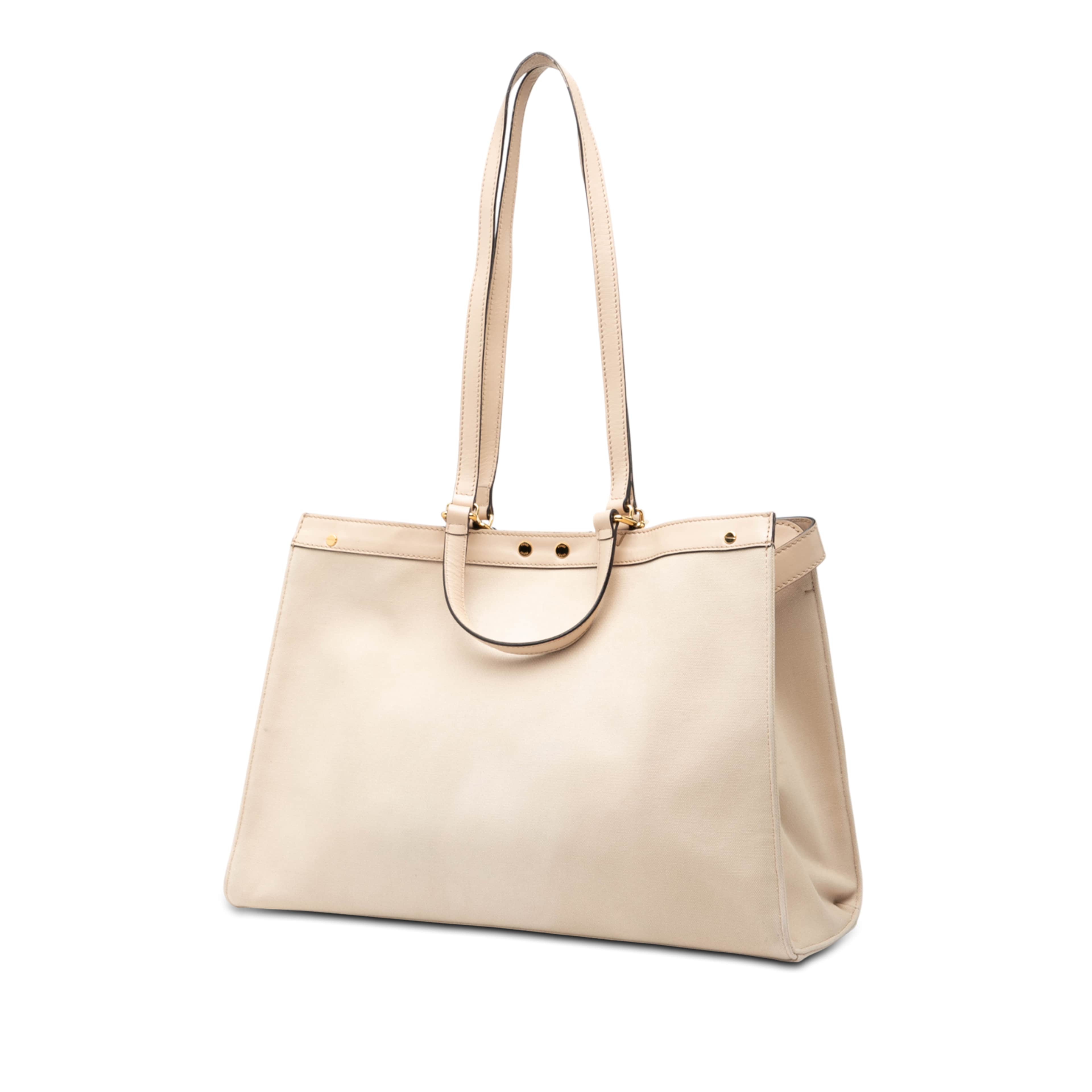 Fendi Zucca Embroidered Canvas Peekaboo X Tote, från Luxclusif, i färgen beige. Klicka för att öppna bilden i stort format