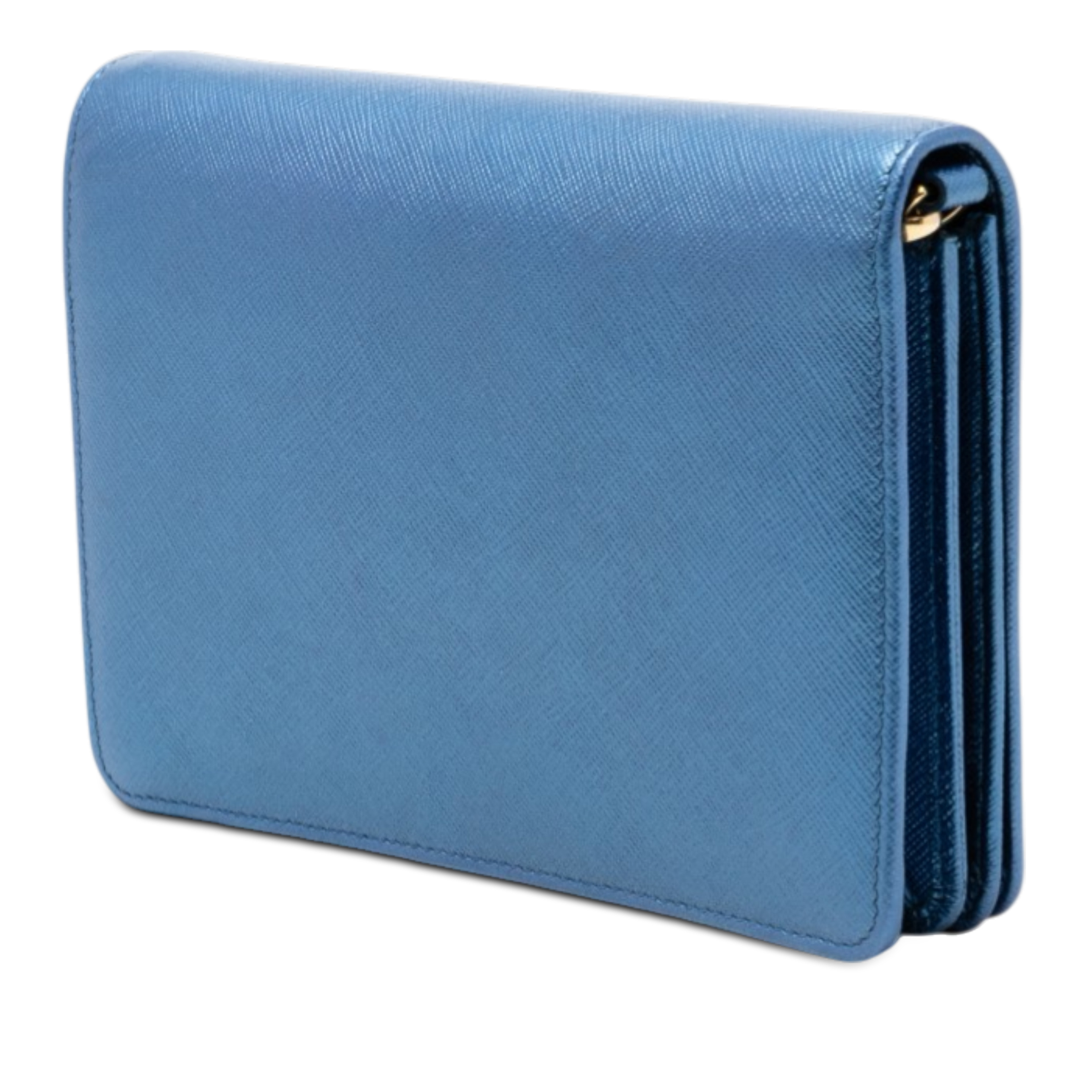 Prada Metallic Saffiano Lux Monochrome Wallet On Chain, från Luxclusif, i färgen blue. Klicka för att öppna bilden i stort format