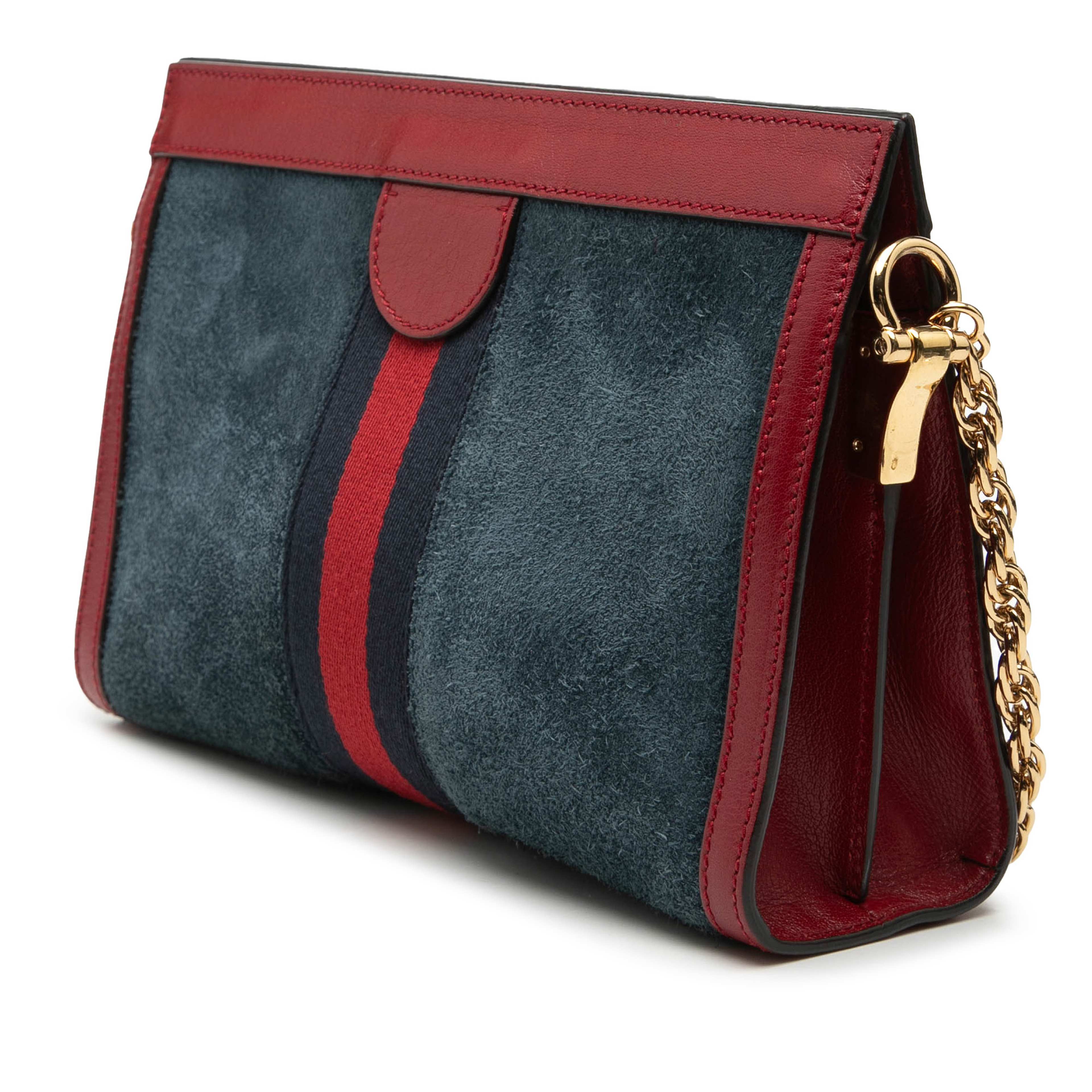 Gucci Small Suede Web Ophidia Chain Crossbody, från Luxclusif, i färgen blå. Klicka för att öppna bilden i stort format