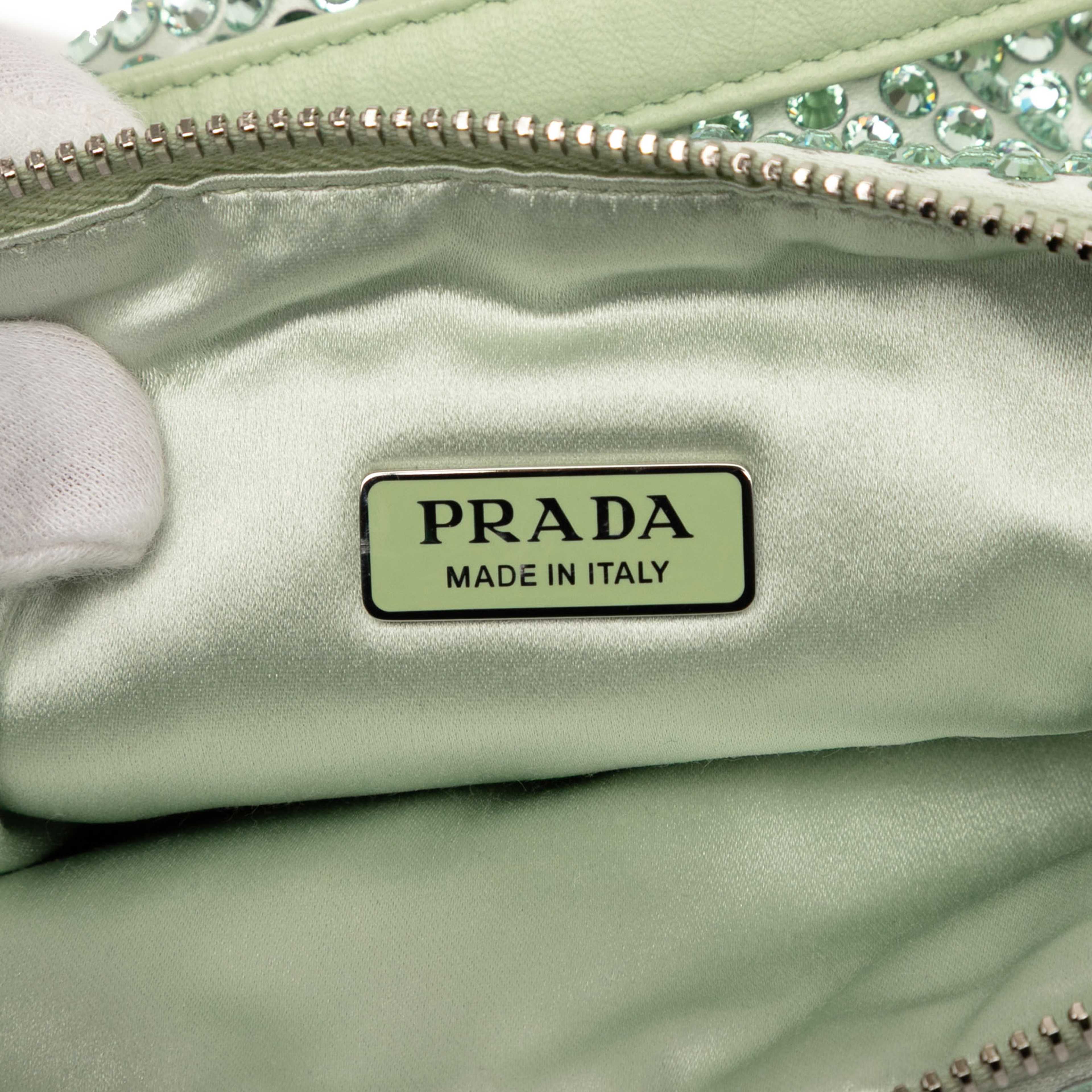 Prada Satin Crystal Embellished Triangle Pouch, från Luxclusif, i färgen mint. Klicka för att öppna bilden i stort format