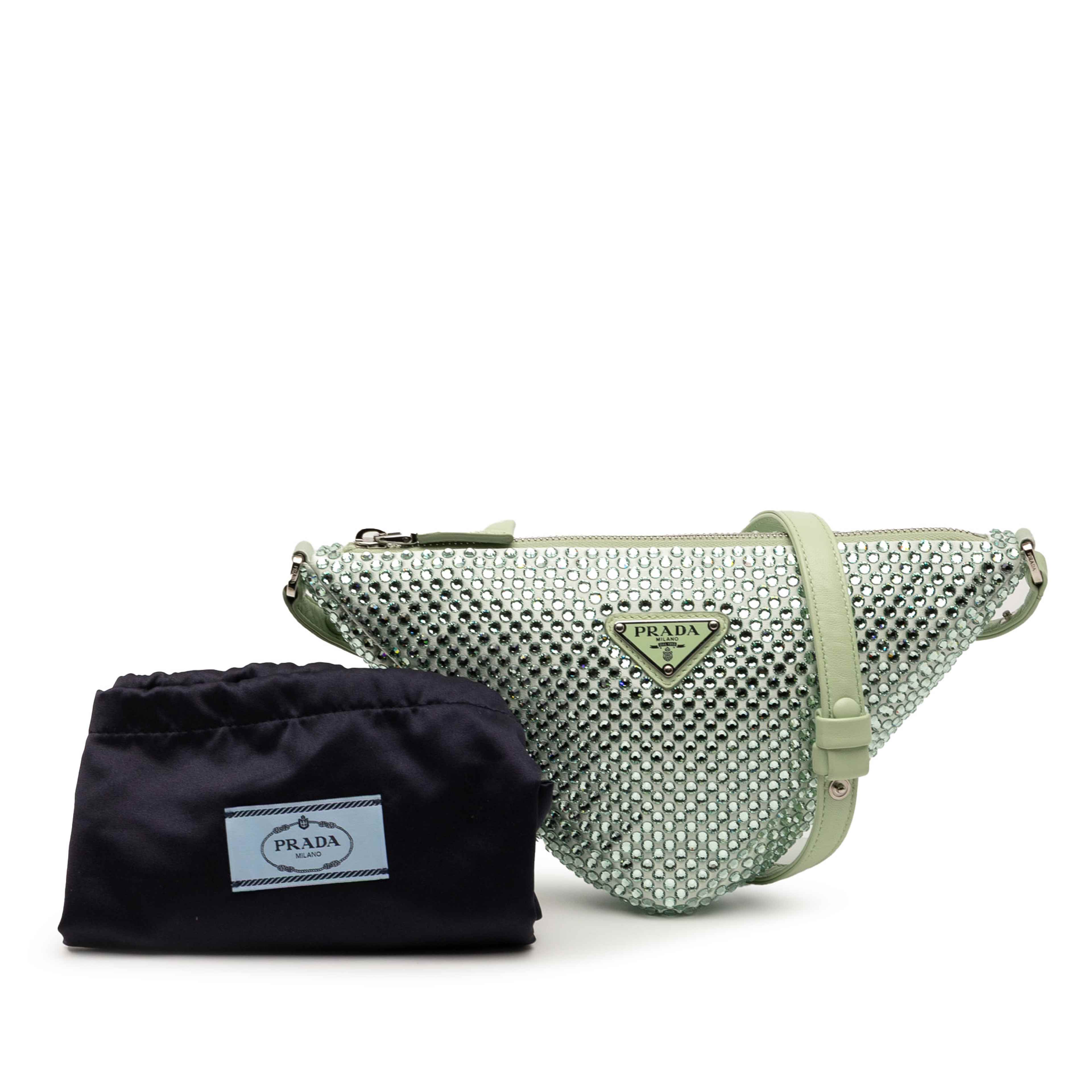 Prada Satin Crystal Embellished Triangle Pouch, från Luxclusif, i färgen grön. Klicka för att öppna bilden i stort format