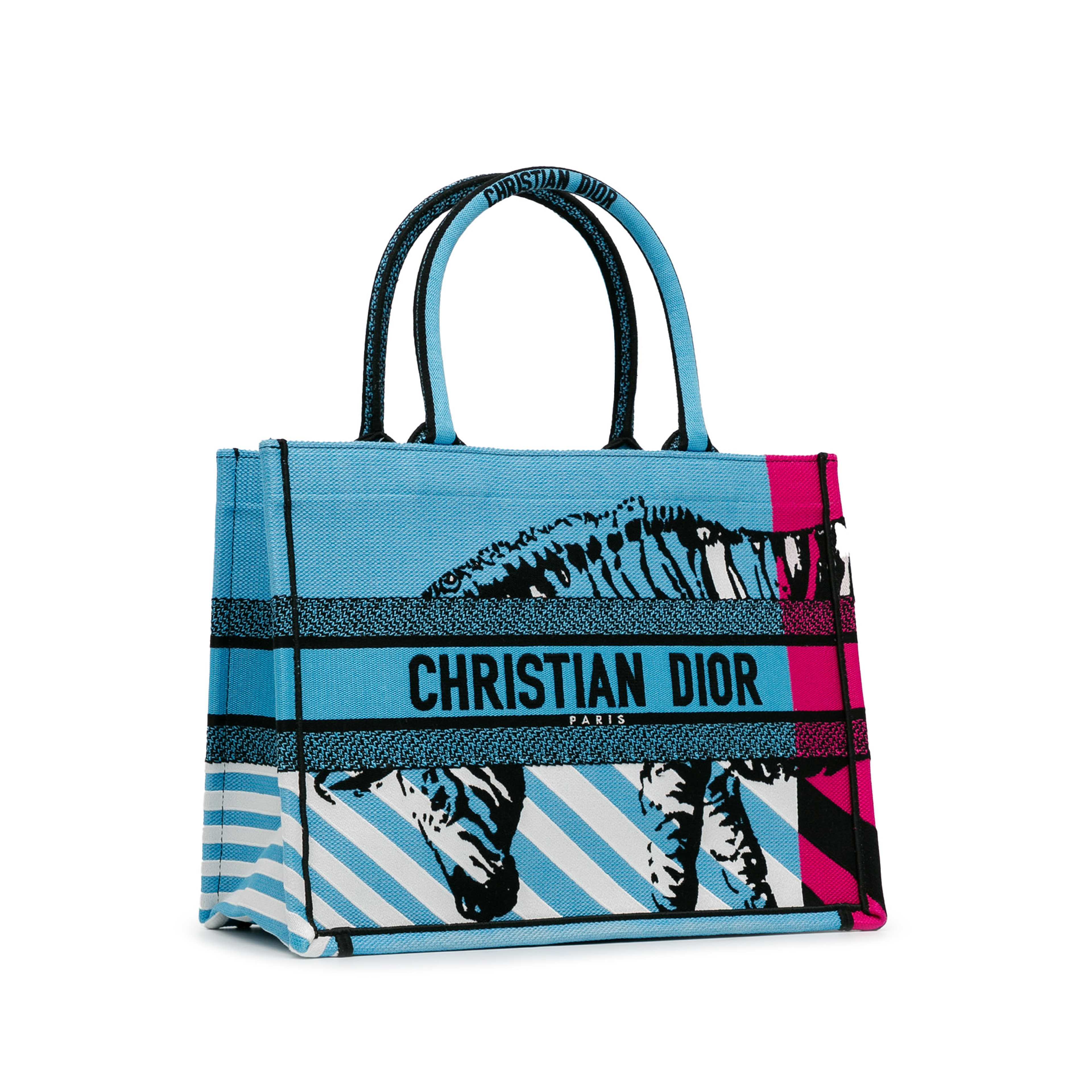 Dior Medium Embroidered Canvas Zebra D Jungle Pop Book Tote, från Luxclusif, i färgen light blue. Klicka för att öppna bilden i stort format
