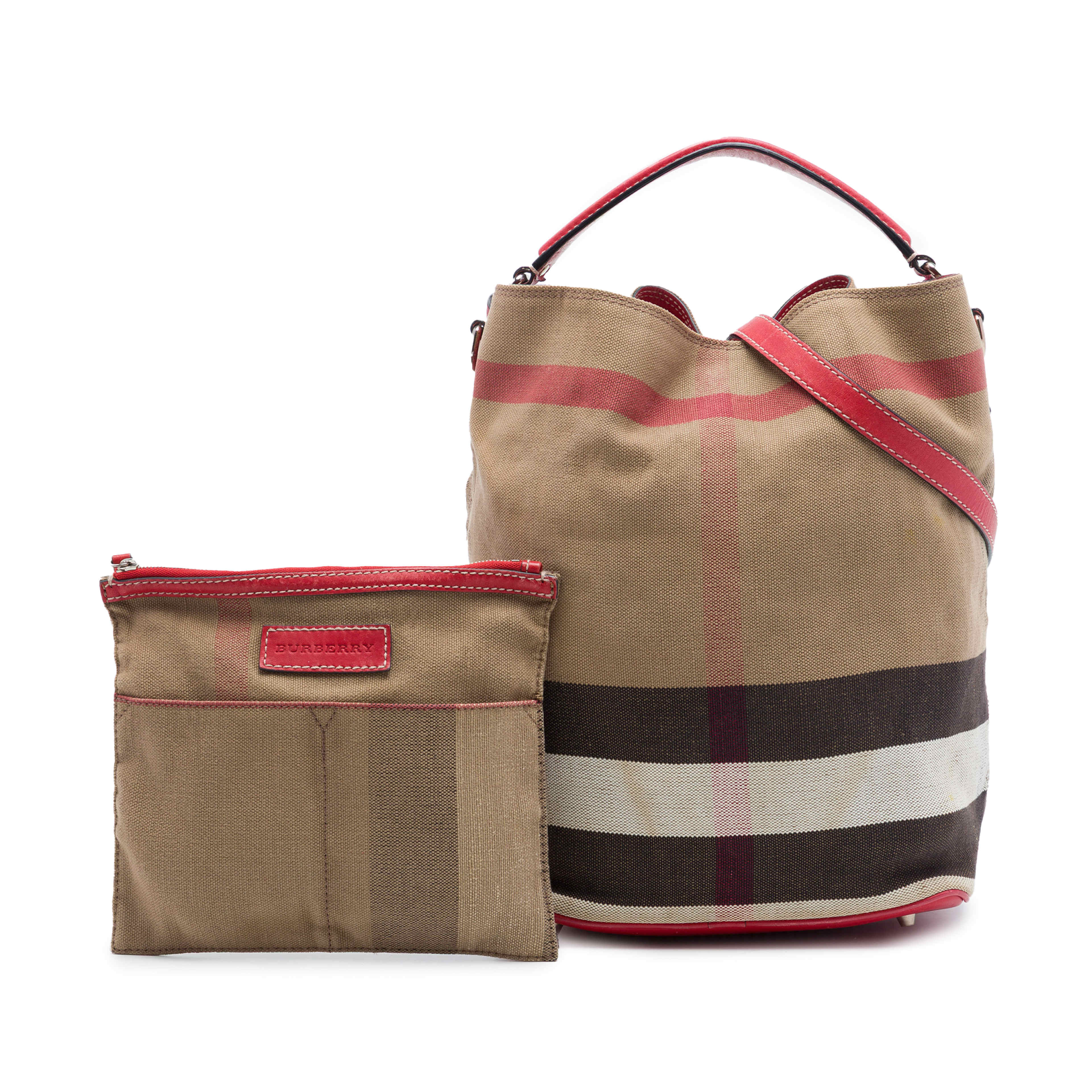 Burberry Medium Mega Check Canvas Ashby Bucket Bag, från Luxclusif, i färgen brun. Klicka för att öppna bilden i stort format