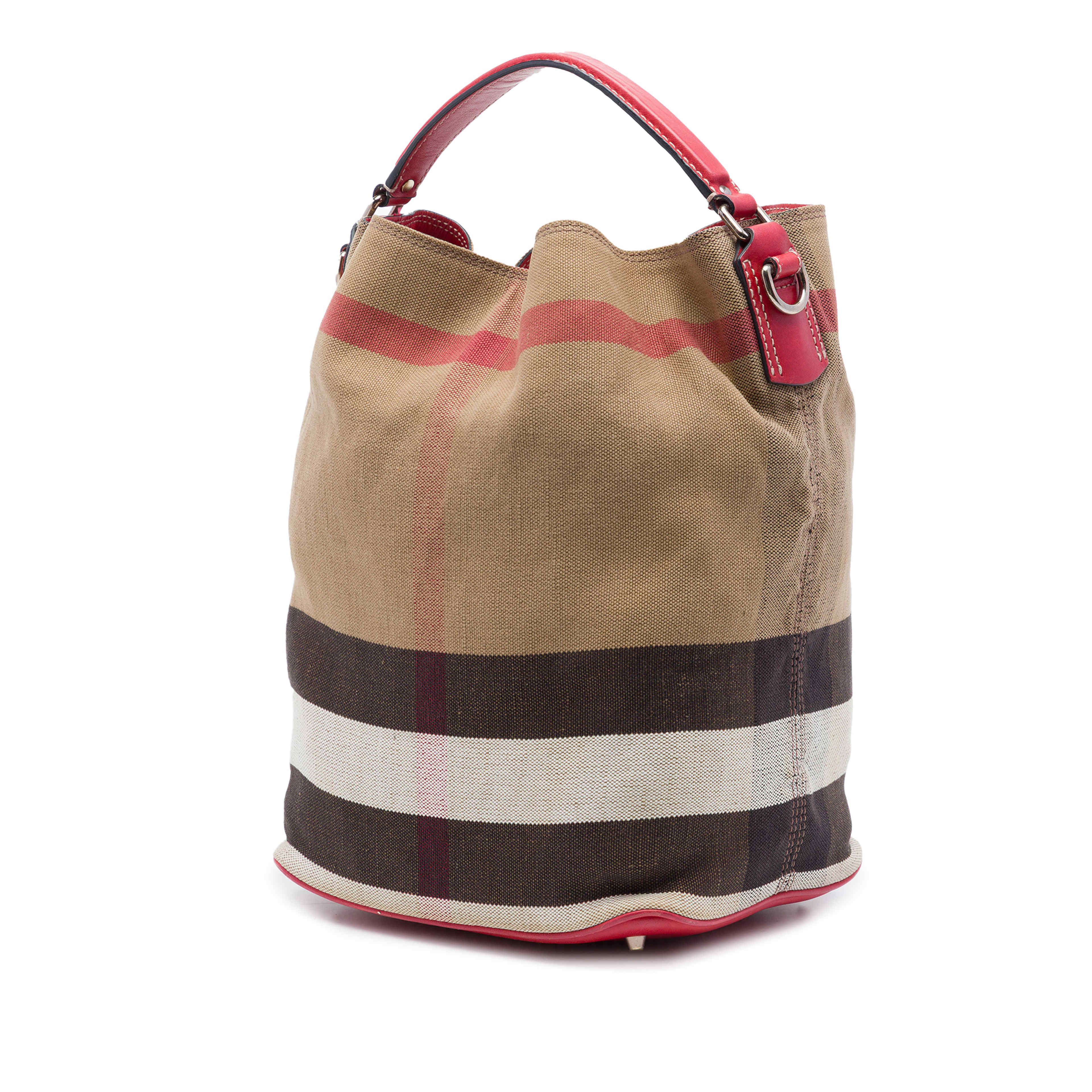 Burberry Medium Mega Check Canvas Ashby Bucket Bag, från Luxclusif, i färgen brun. Klicka för att öppna bilden i stort format
