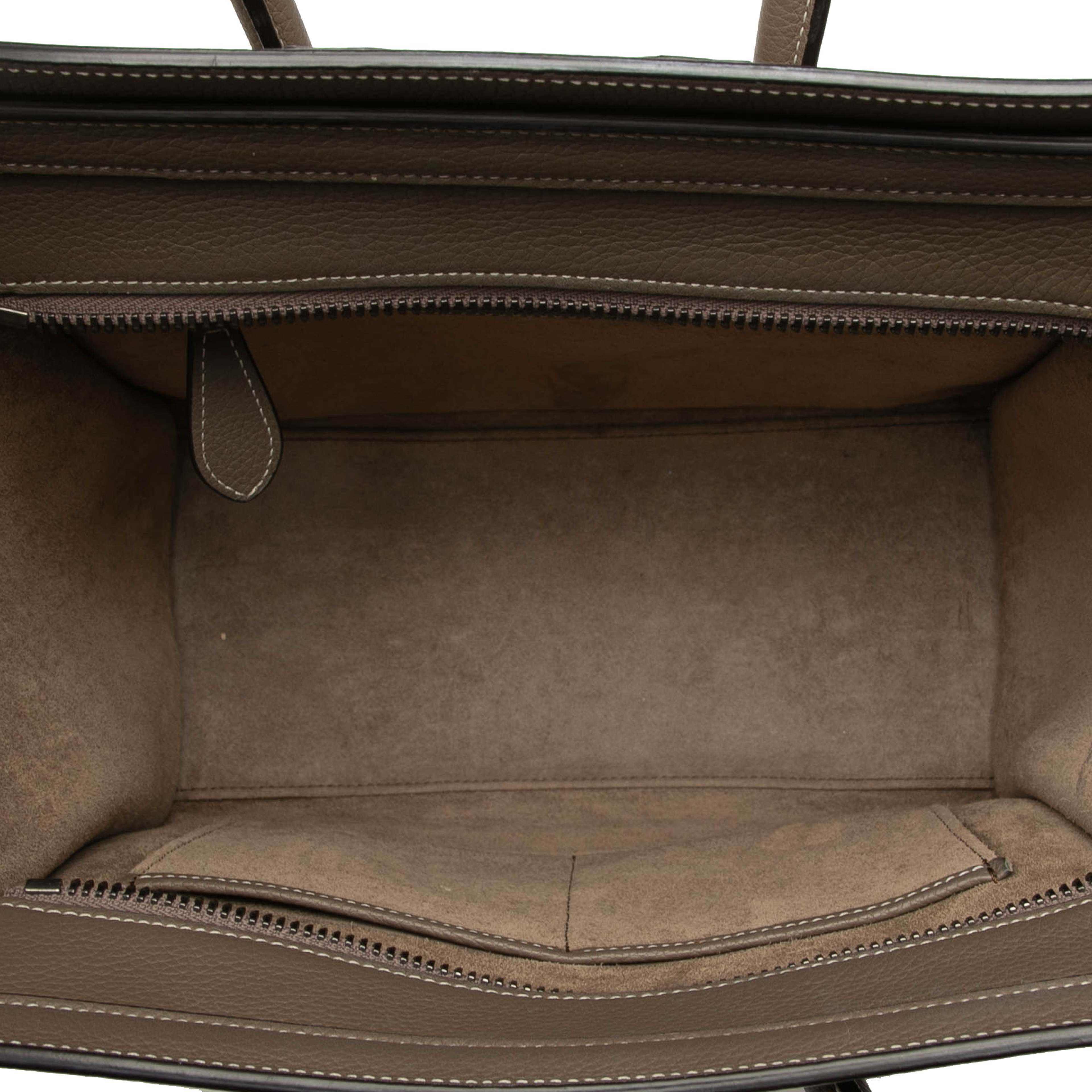 Celine Micro Leather Luggage Tote, från Luxclusif, i färgen taupe. Klicka för att öppna bilden i stort format