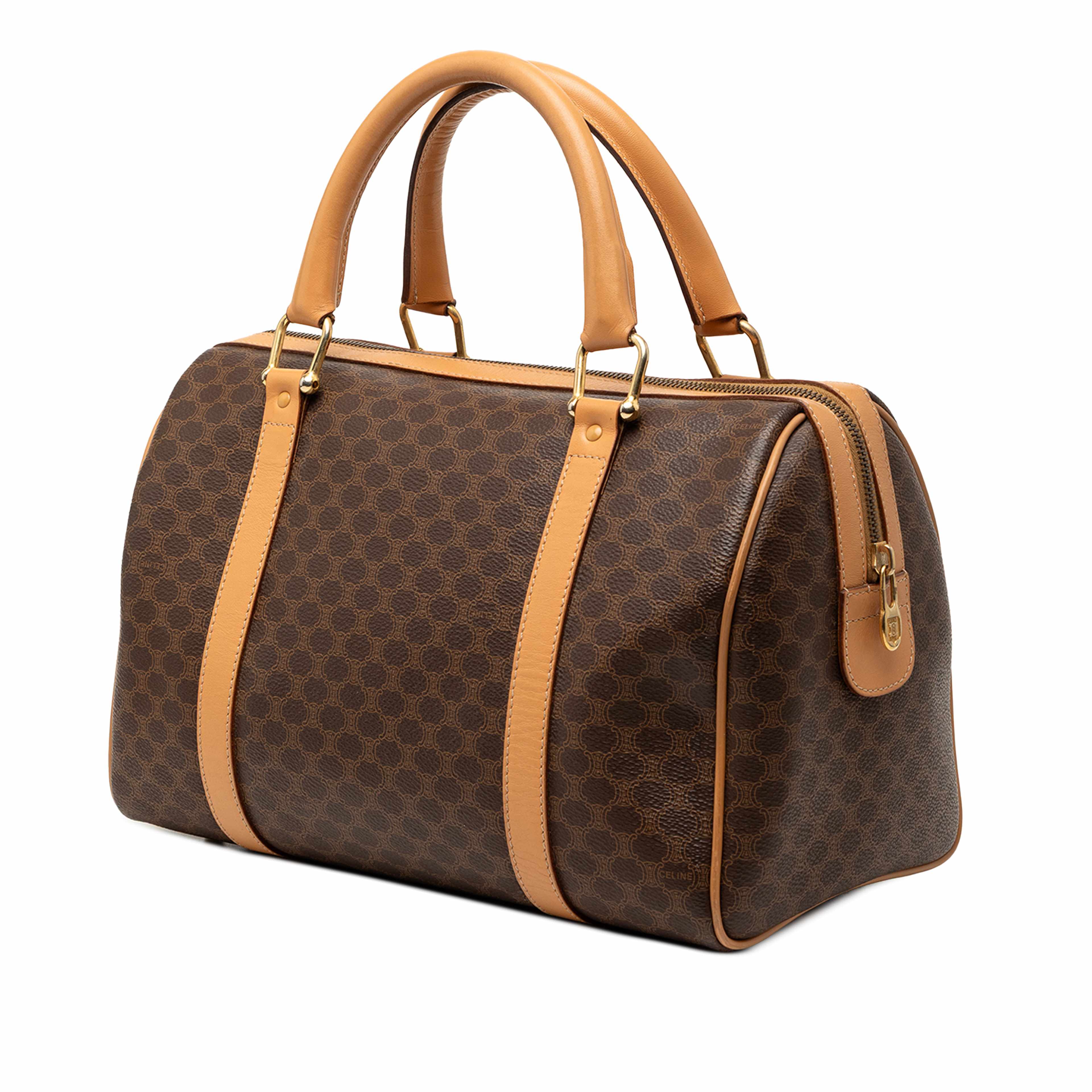 Celine Macadam Coated Canvas Boston Bag, från Luxclusif, i färgen brown. Klicka för att öppna bilden i stort format