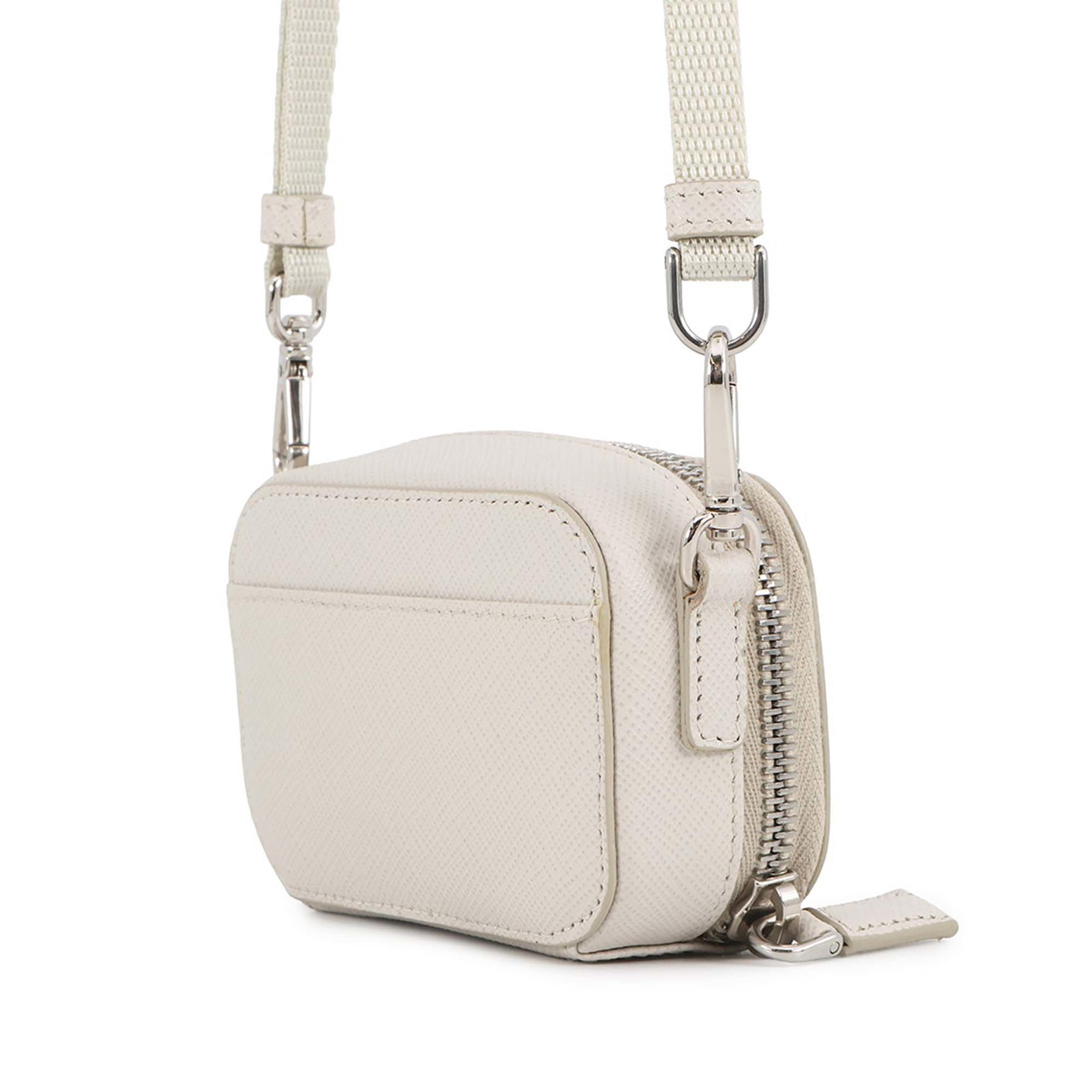 Prada Mini Saffiano Pouch Crossbody, från Luxclusif, i färgen ivory. Klicka för att öppna bilden i stort format