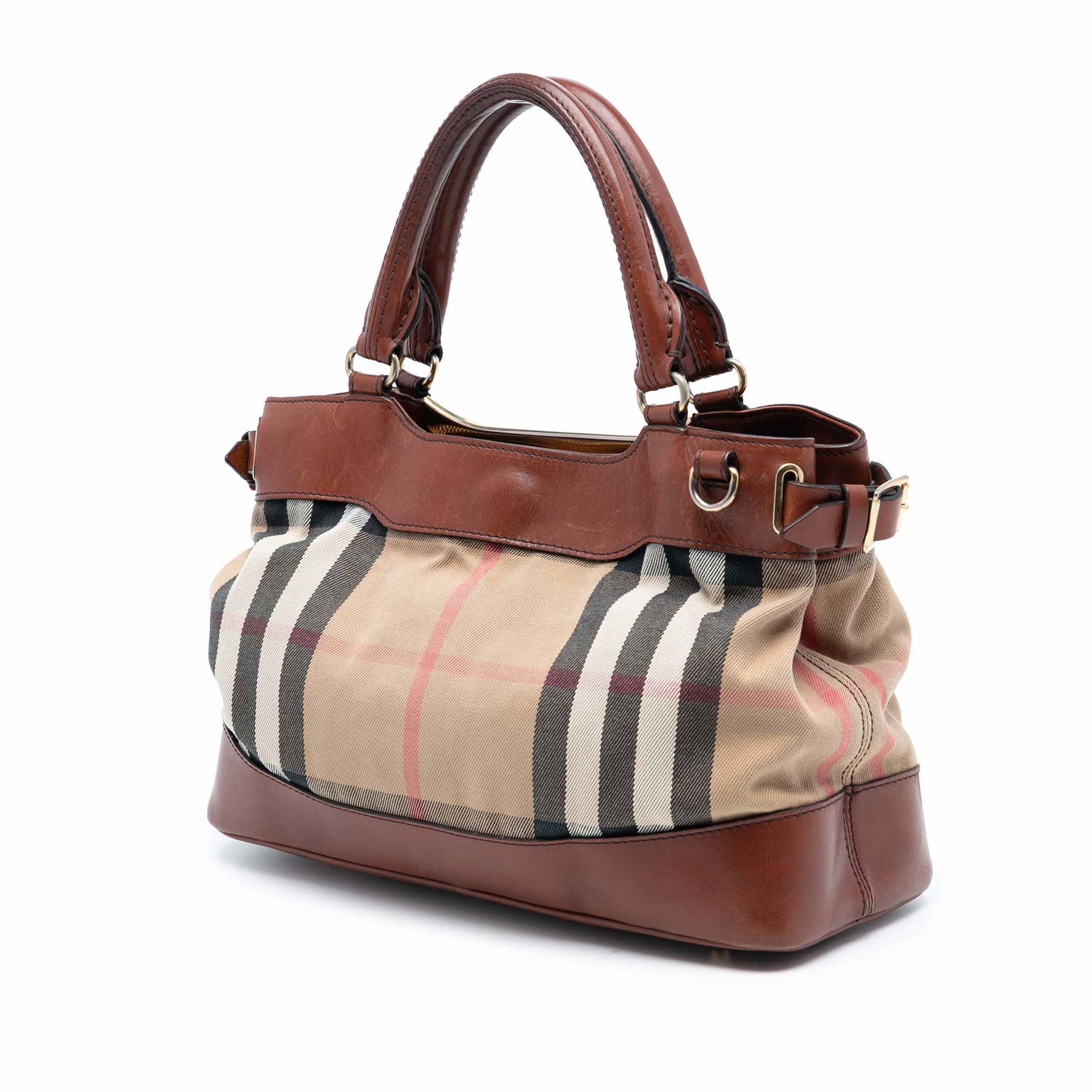 Burberry Small House Check Canvas Bridle Hepburn Satchel, från Luxclusif, i färgen light brown. Klicka för att öppna bilden i stort format