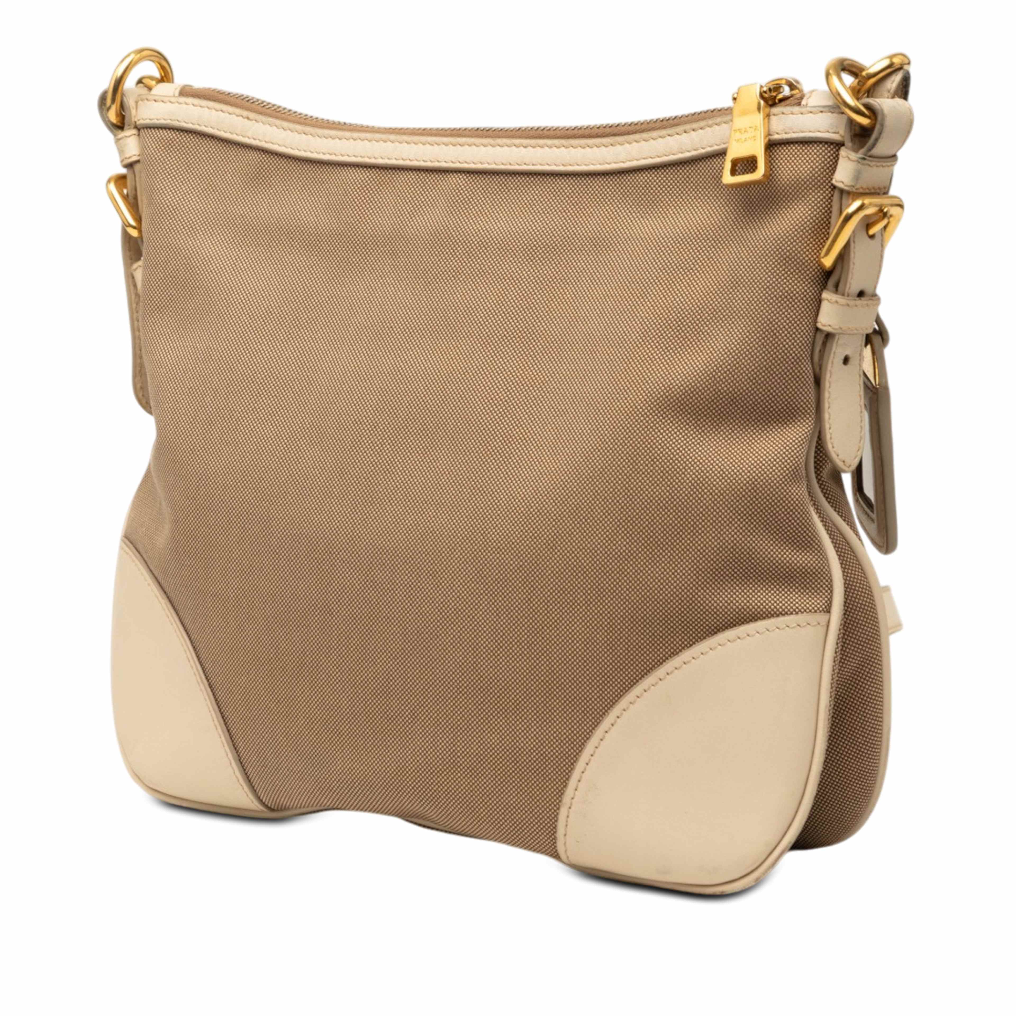 Prada Canvas Canapa Logo Crossbody, från Luxclusif, i färgen light brown. Klicka för att öppna bilden i stort format