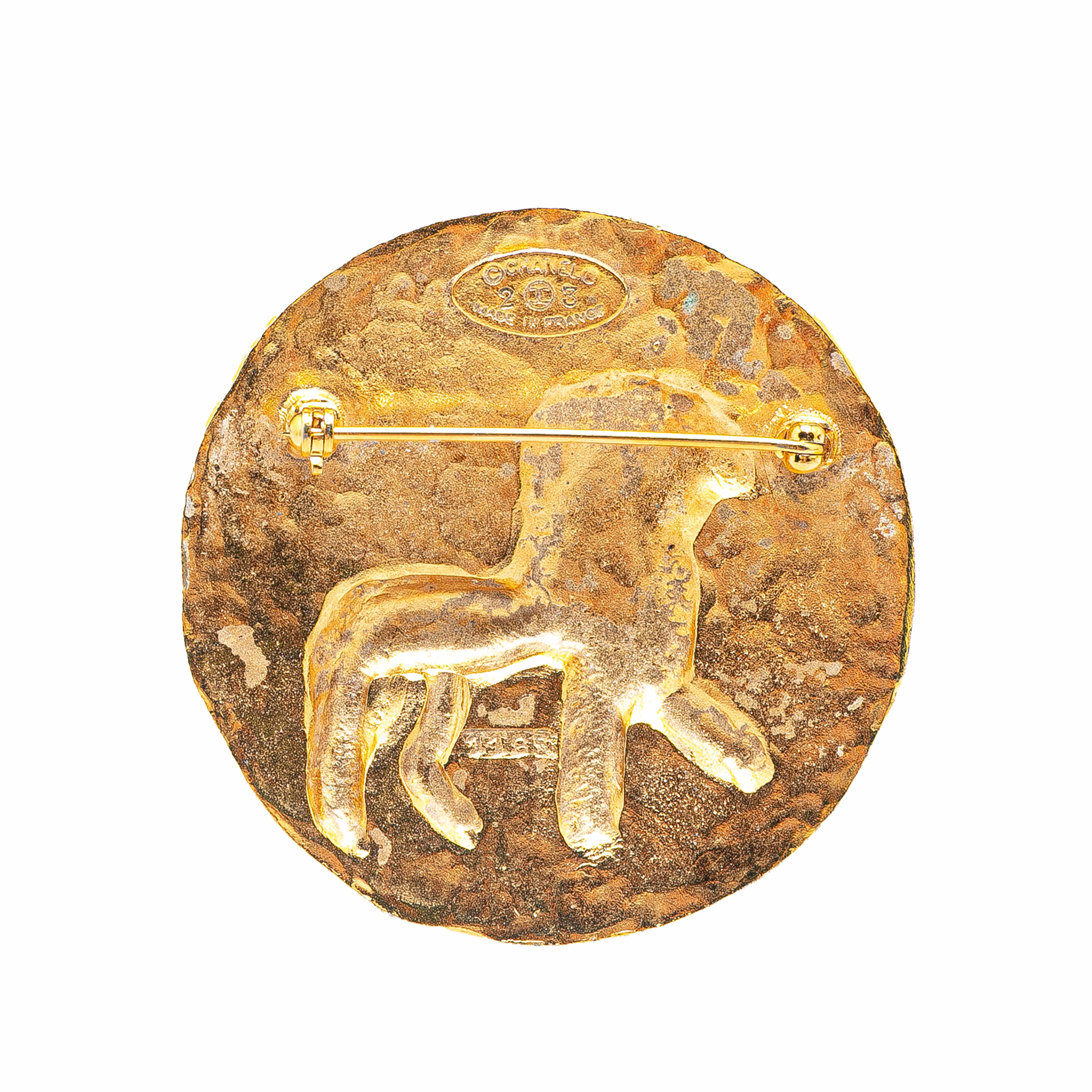 Chanel Gold Plated Cc Round Lion Brooch