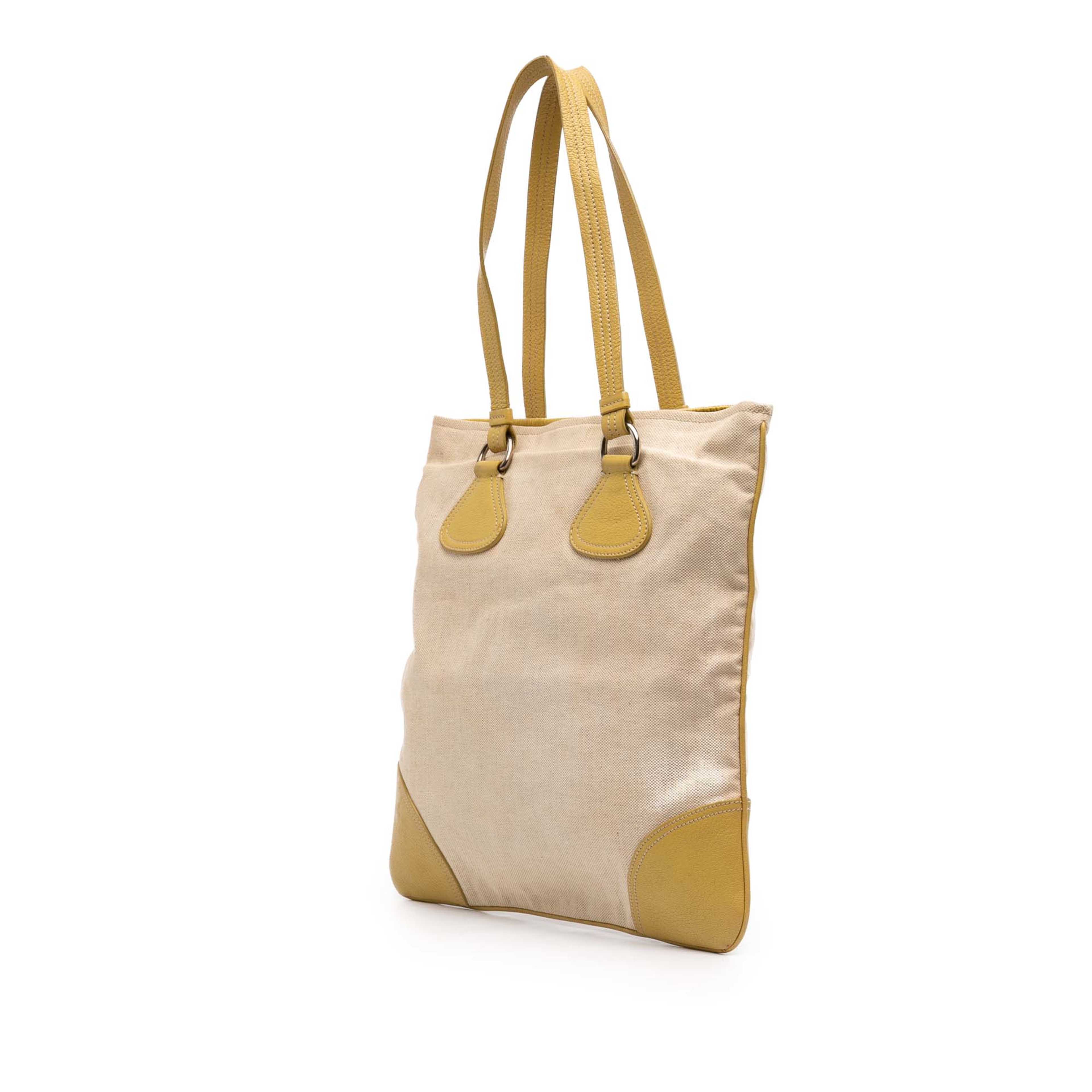 Prada Vitello Trimmed Canvas Canapa Tote, från Luxclusif, i färgen gul. Klicka för att öppna bilden i stort format