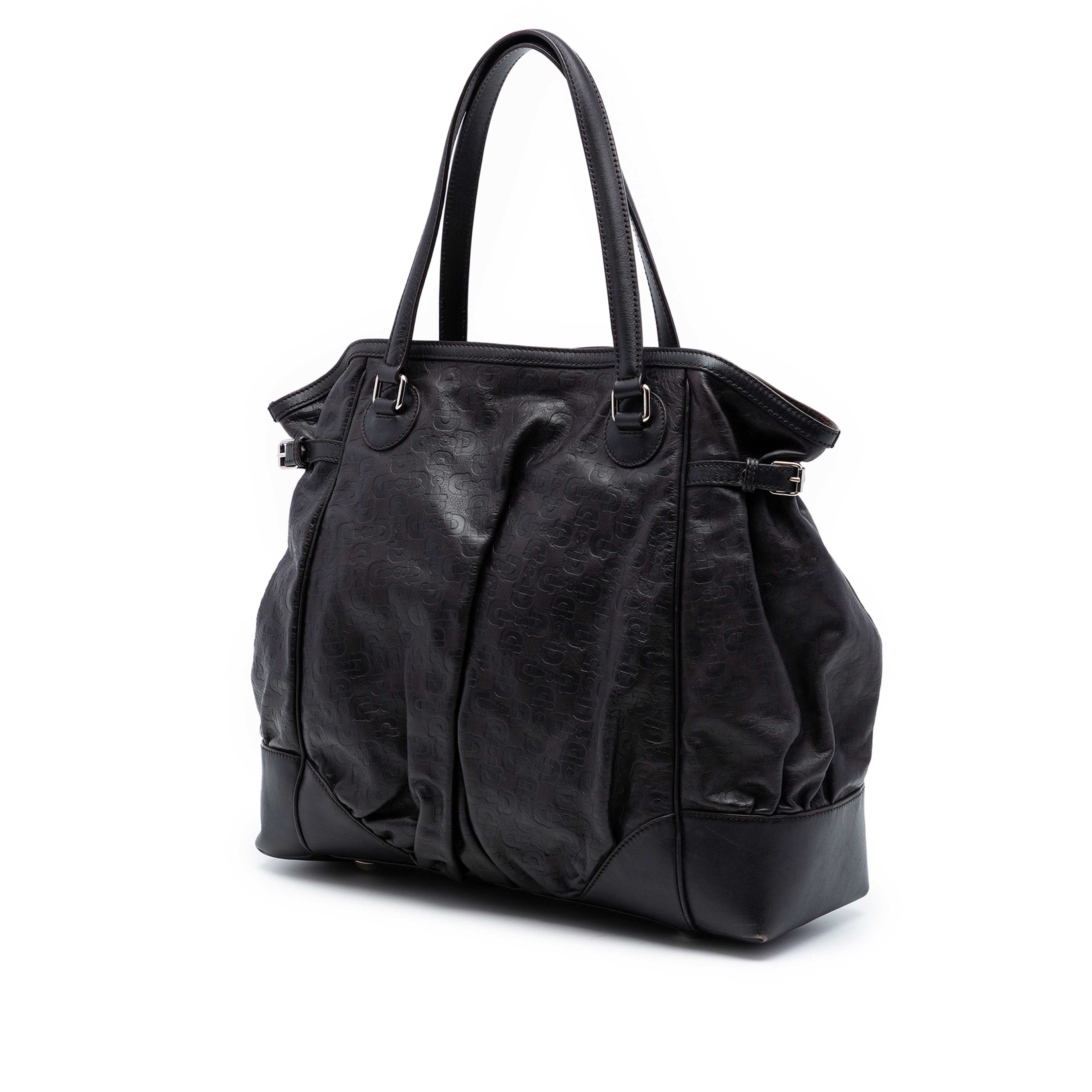 Gucci Embossed Leather Horsebit Full Moon Tote, från Luxclusif, i färgen dark brown. Klicka för att öppna bilden i stort format