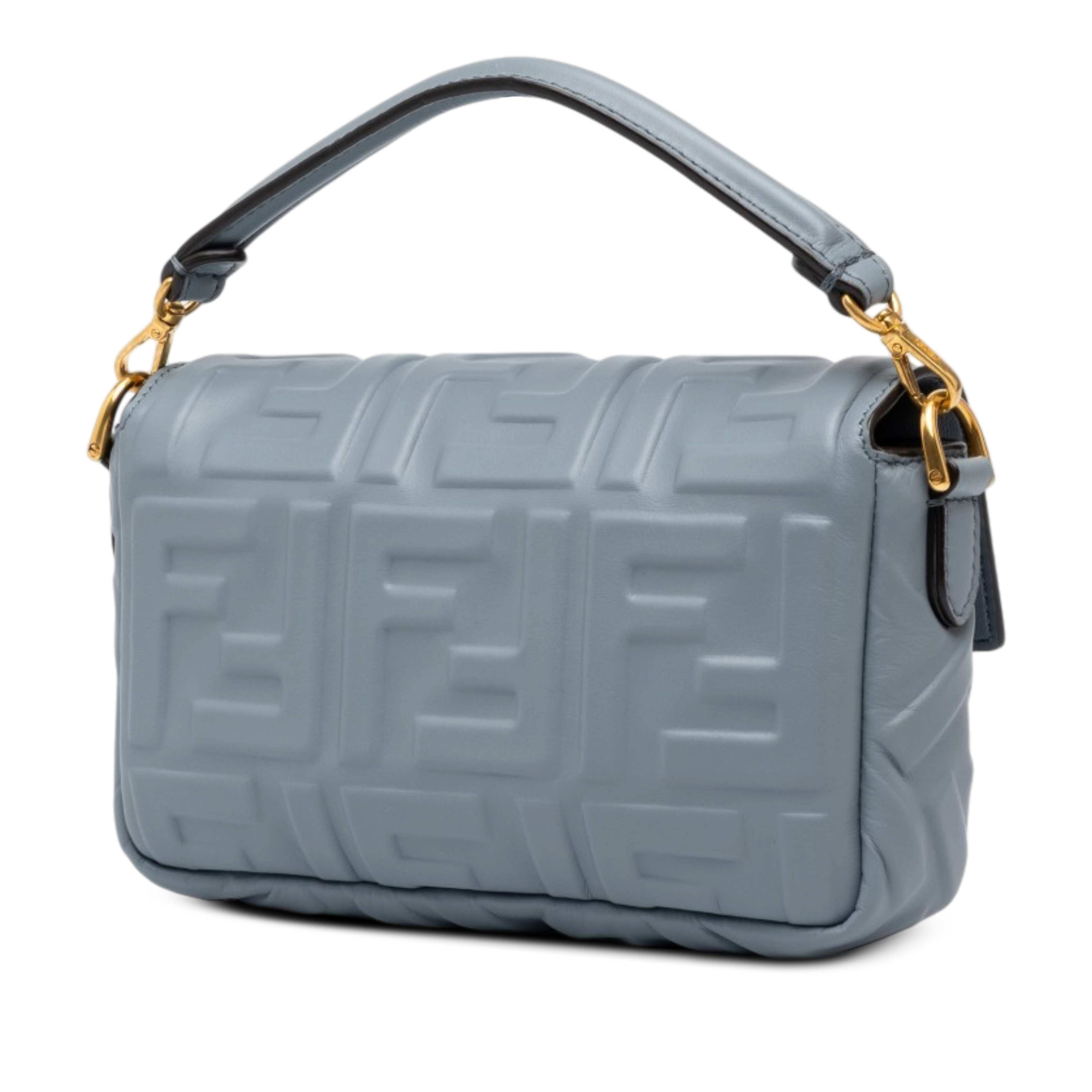 Fendi Mini Zucca Embossed Leather Baguette Satchel, från Luxclusif, i färgen grå. Klicka för att öppna bilden i stort format