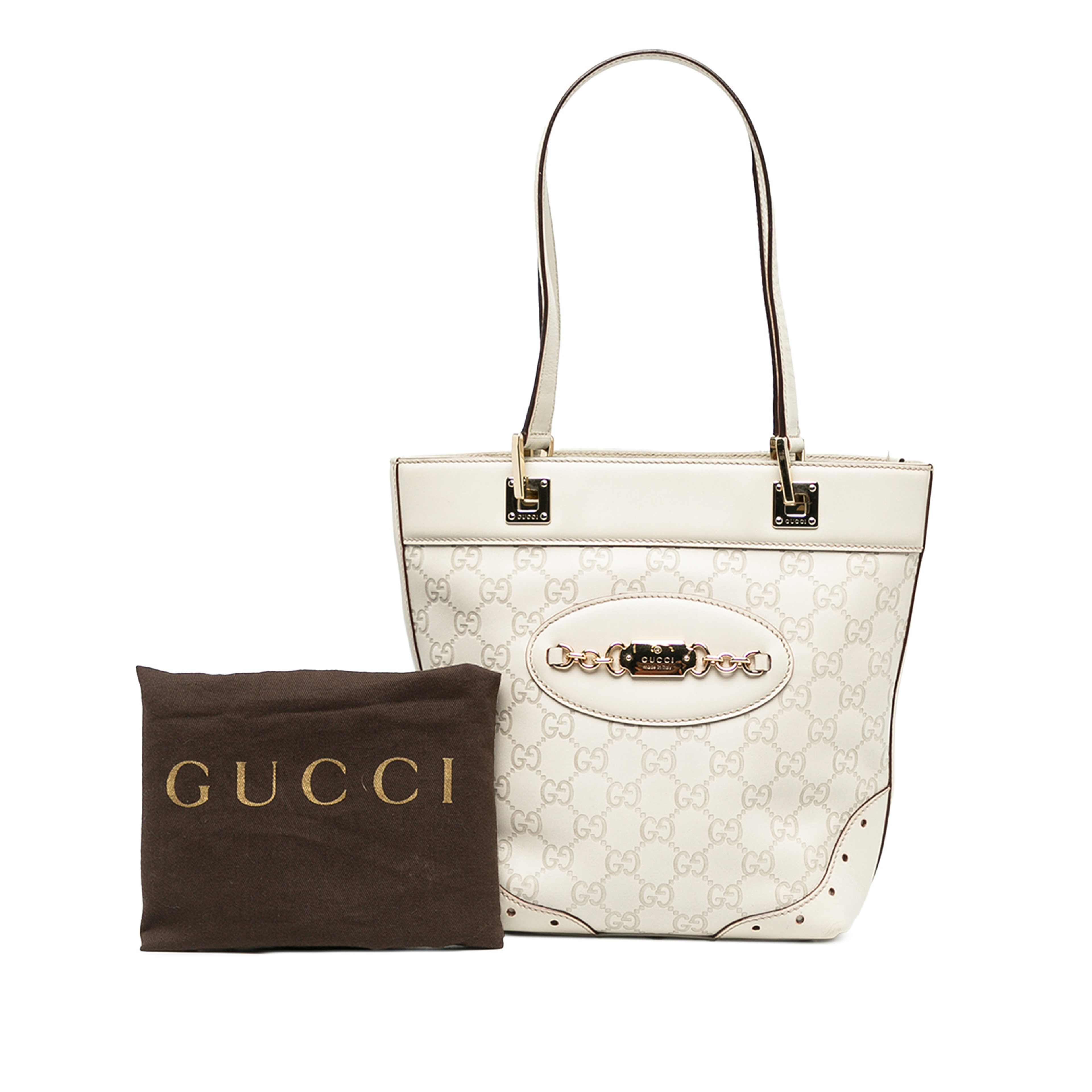 Gucci Mini Guccissima Punch Tote, från Luxclusif, i färgen vit. Klicka för att öppna bilden i stort format