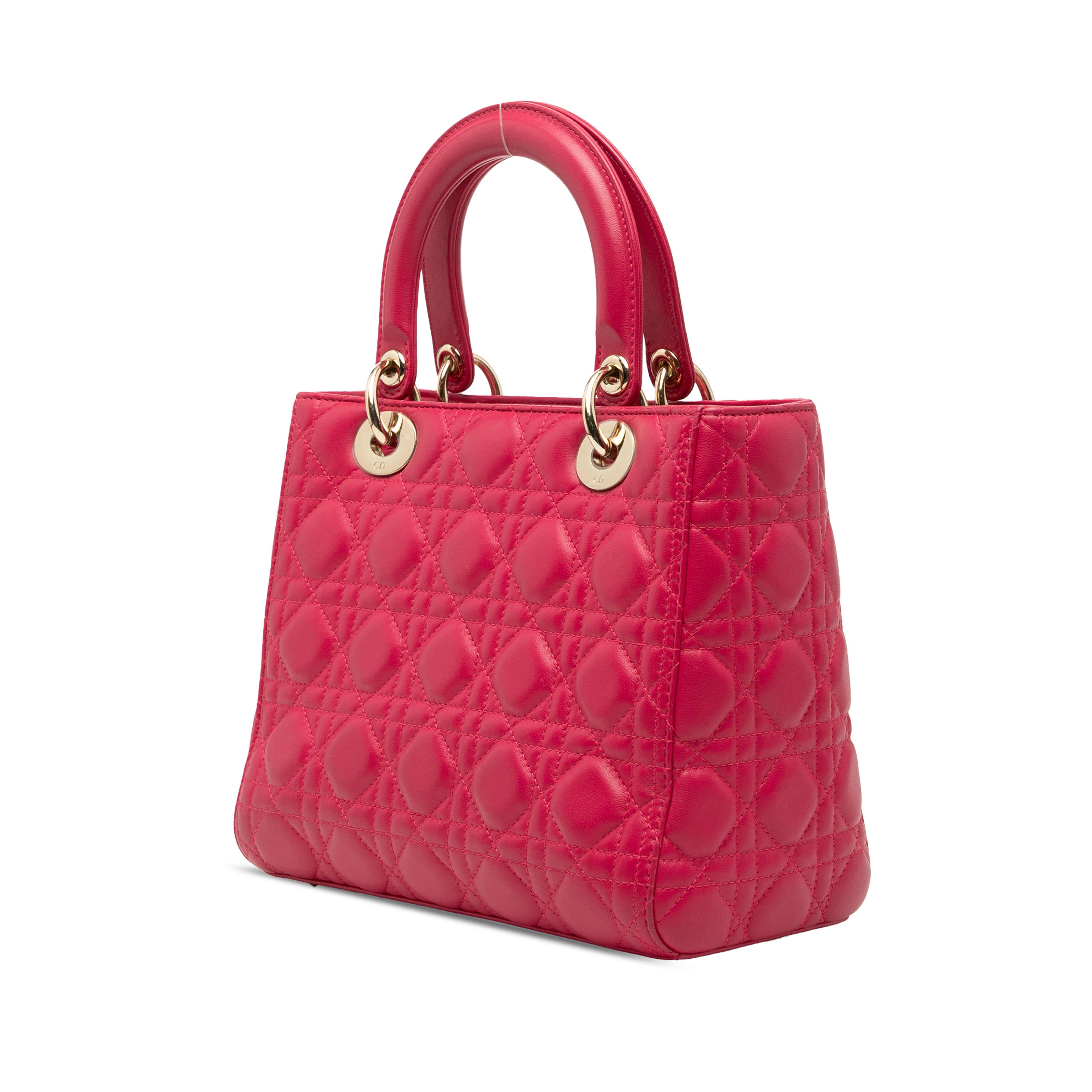 Dior Medium Lambskin Cannage Lady Dior, från Luxclusif, i färgen dark pink. Klicka för att öppna bilden i stort format