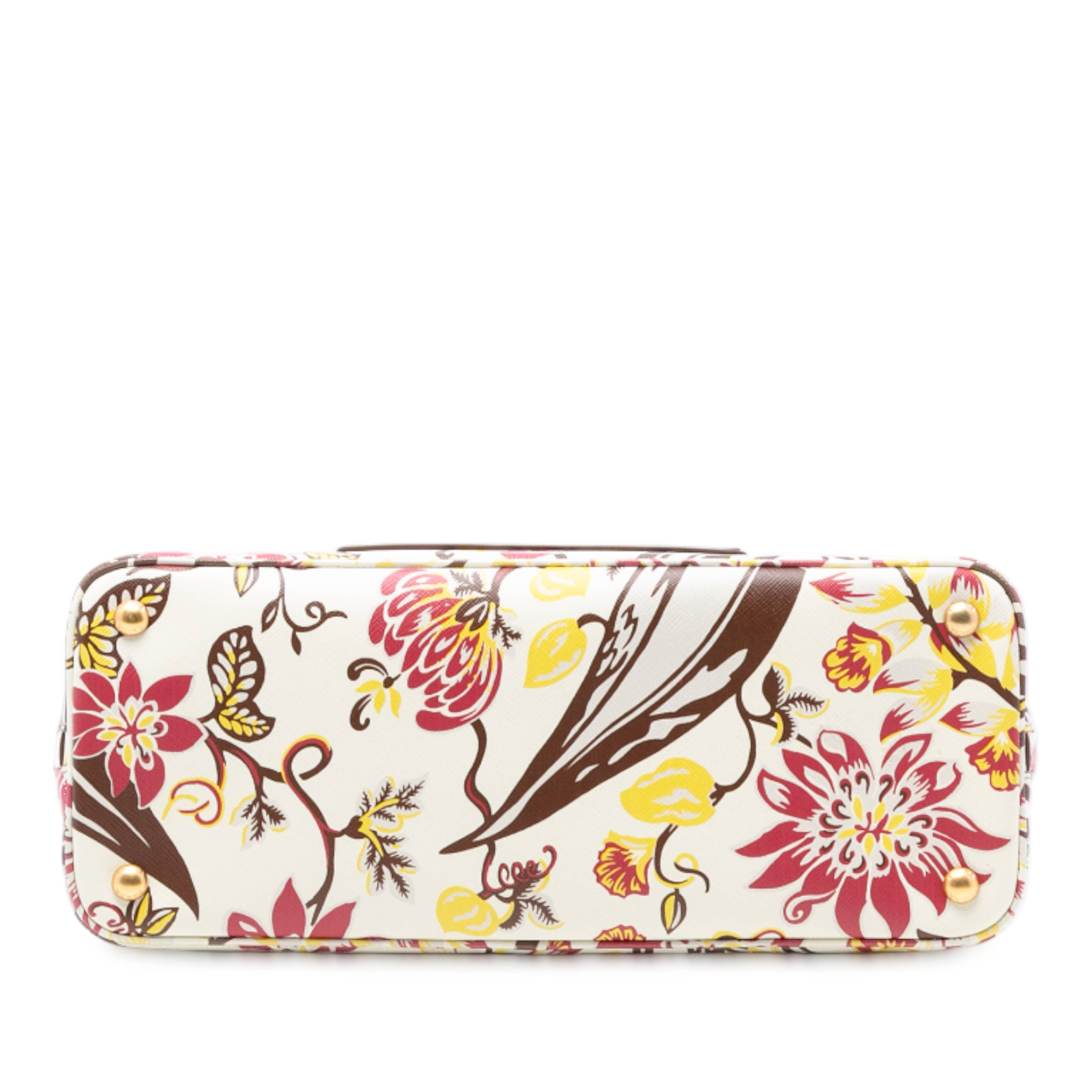 Prada Large Saffiano Lux Floral Print Promenade Front Pocket Satchel, från Luxclusif, i färgen white. Klicka för att öppna bilden i stort format